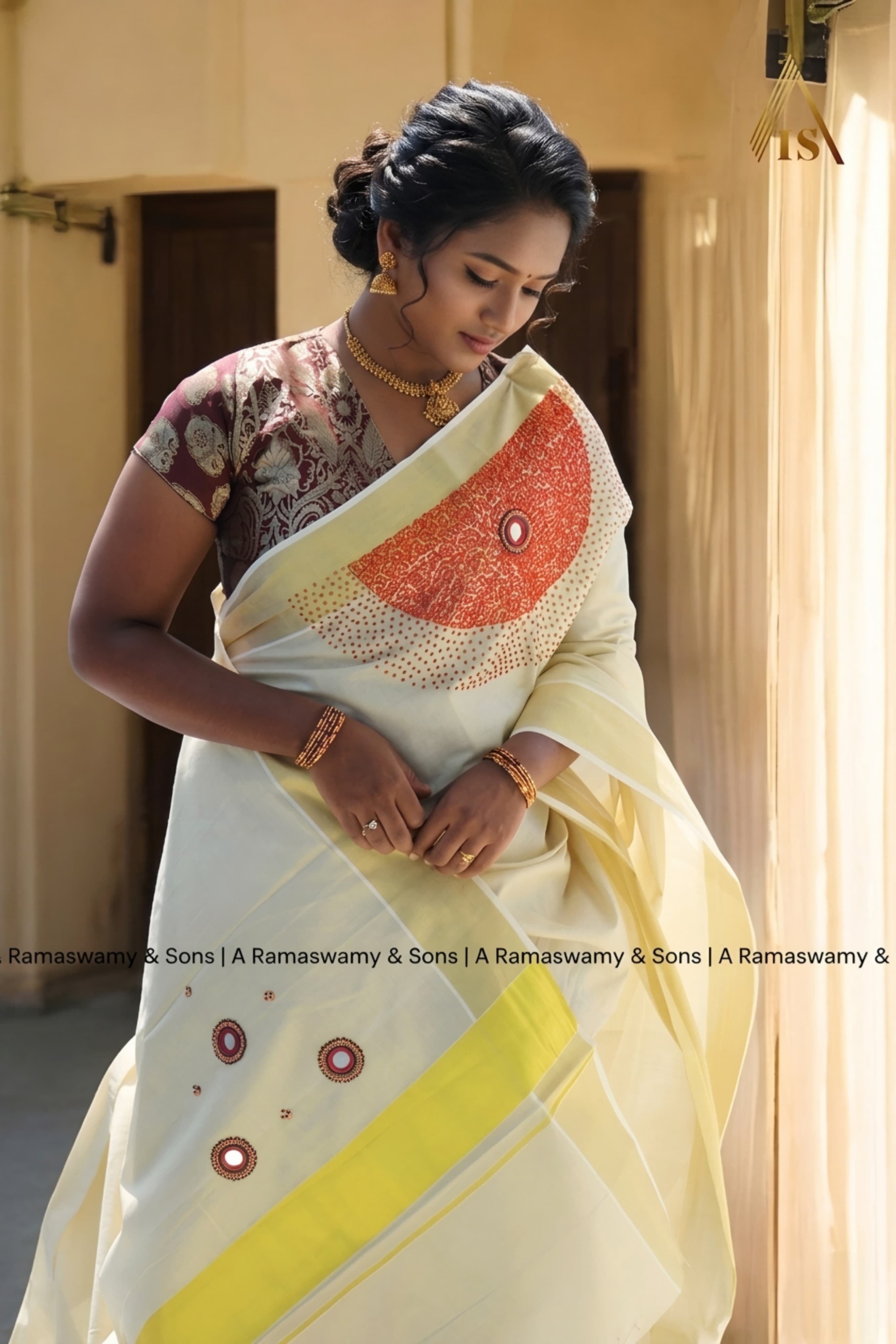 Handwork Tissue Saree Premium Hand Work Orange _ Kerala saree 6.25mtr