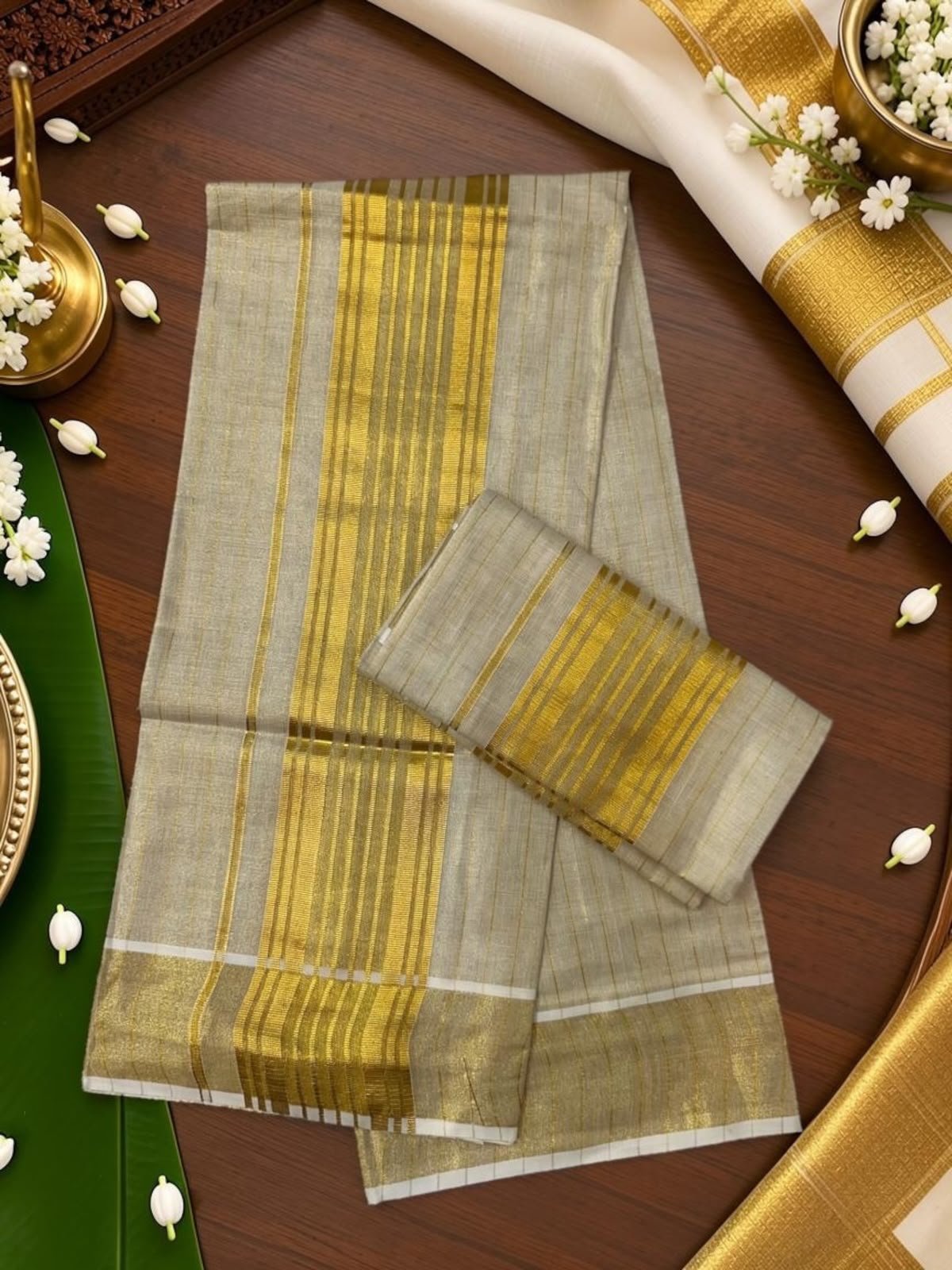 Stripe Tissue Set mundu with Border design _ extra length