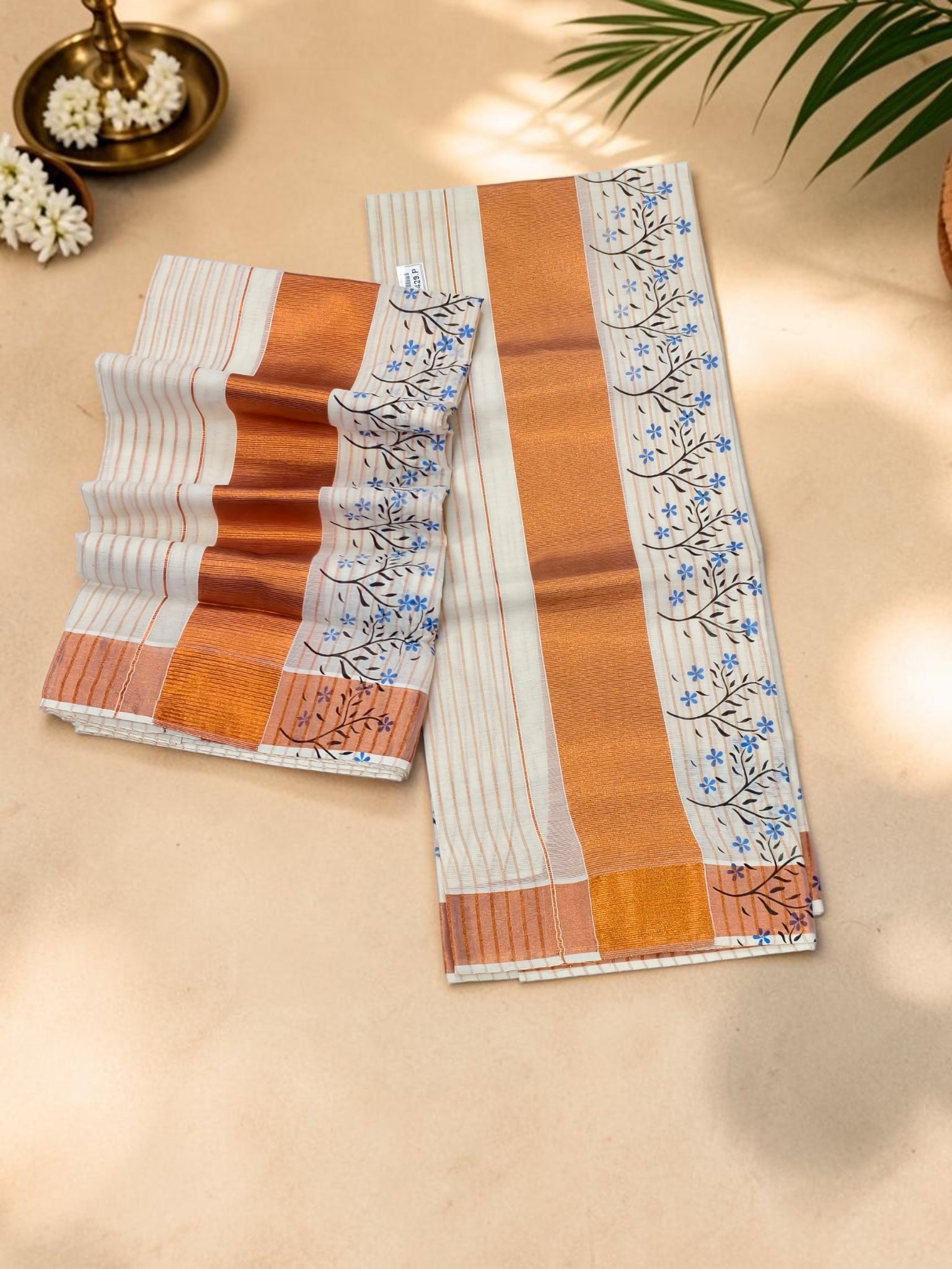 Flower Print Copper Stripe Set Mundu Extra Length