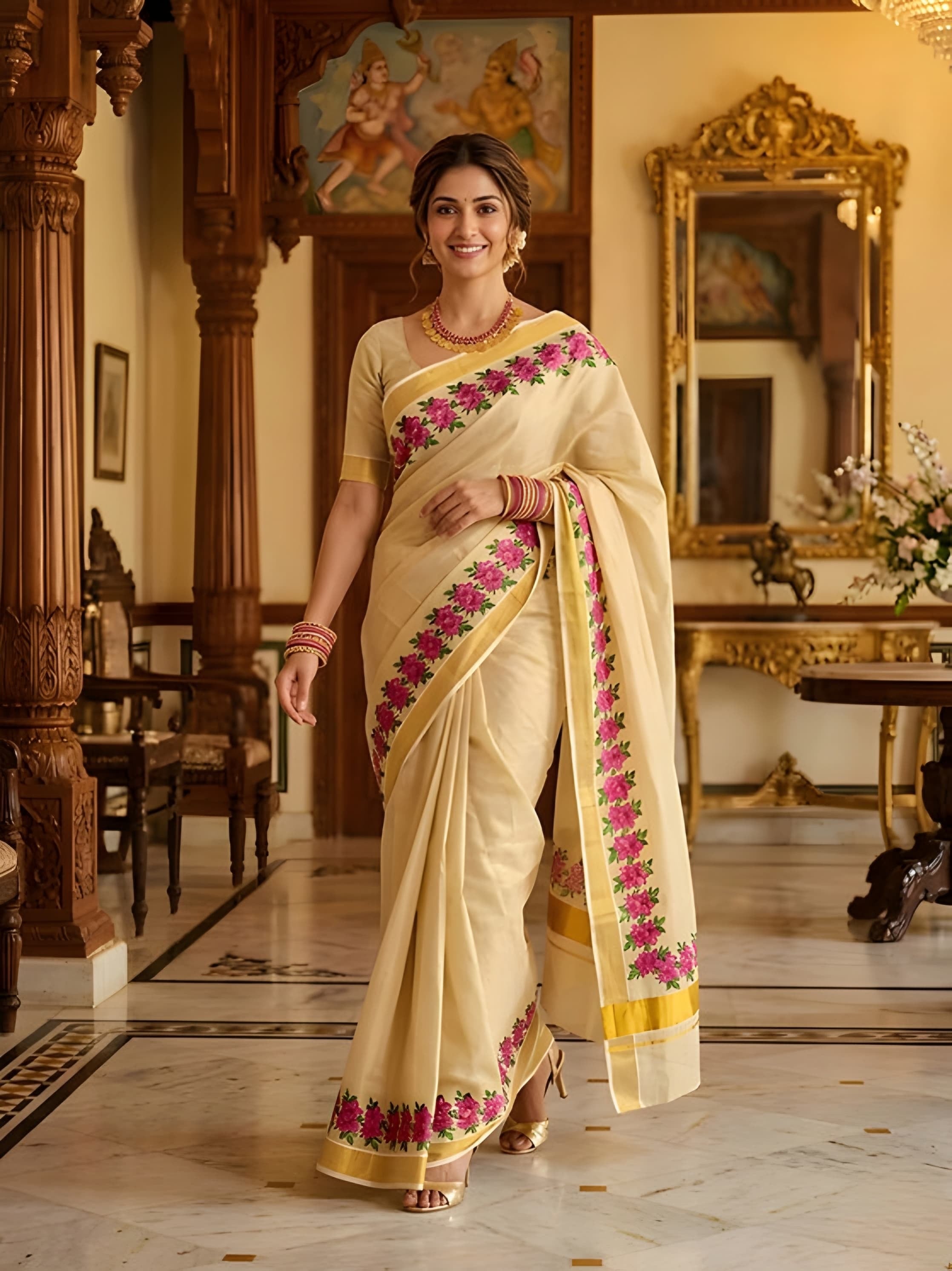 Kerala Tissue Mural Painting Saree with blouse _ Onam Collection