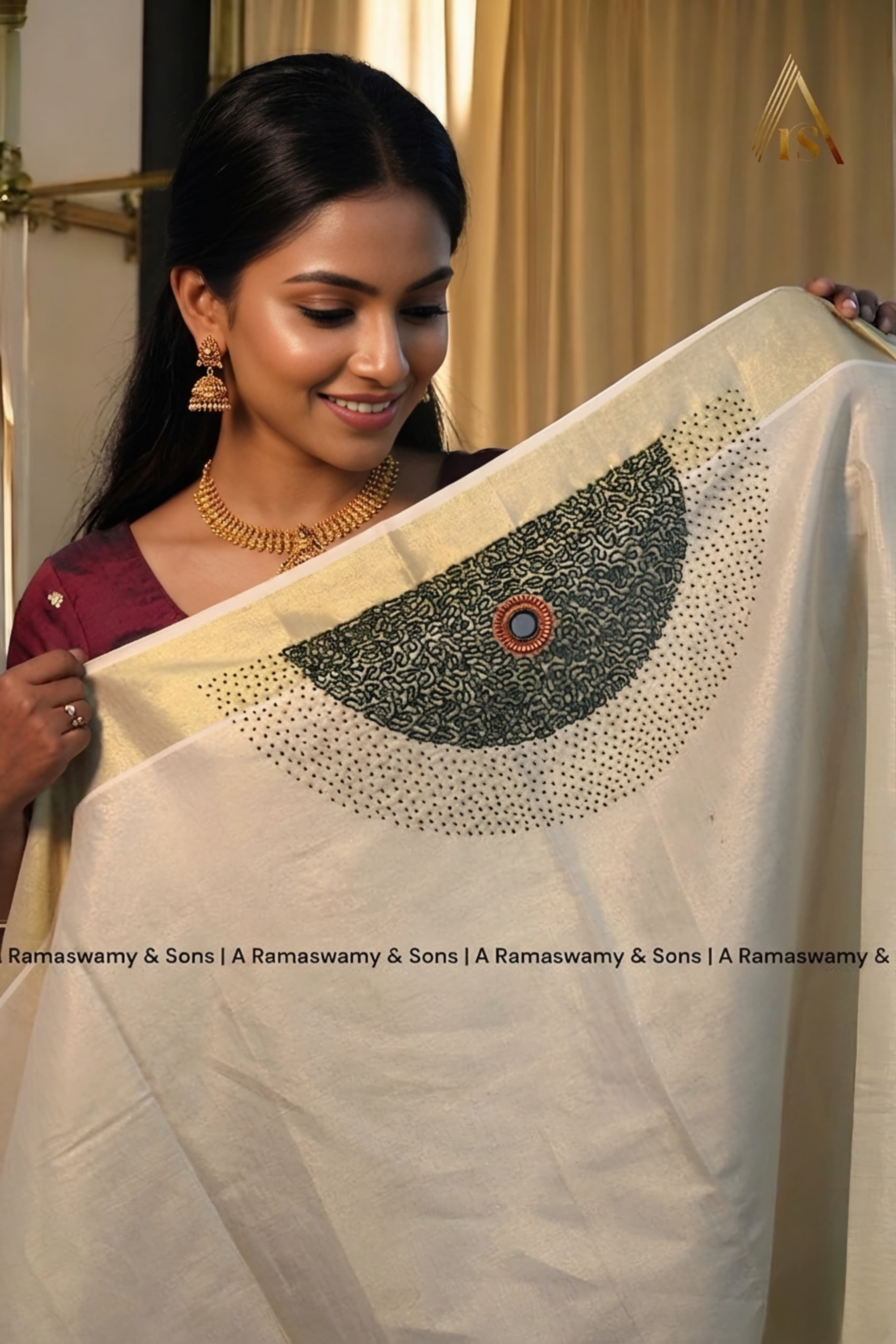 Tissue Saree Premium Hand Work Green _ Kerala saree 6.25mtr