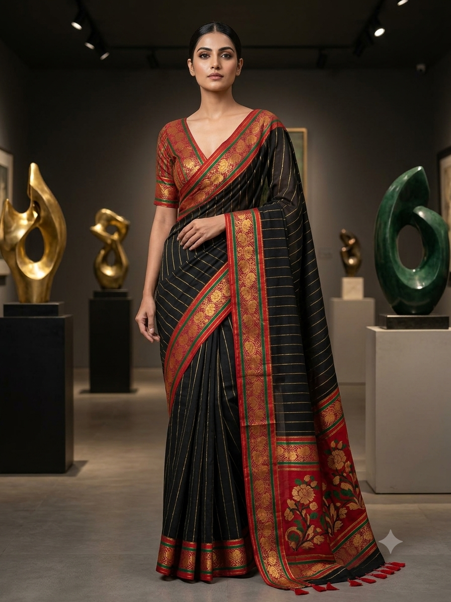 Mul Mul saree black floral print lotus soft quality