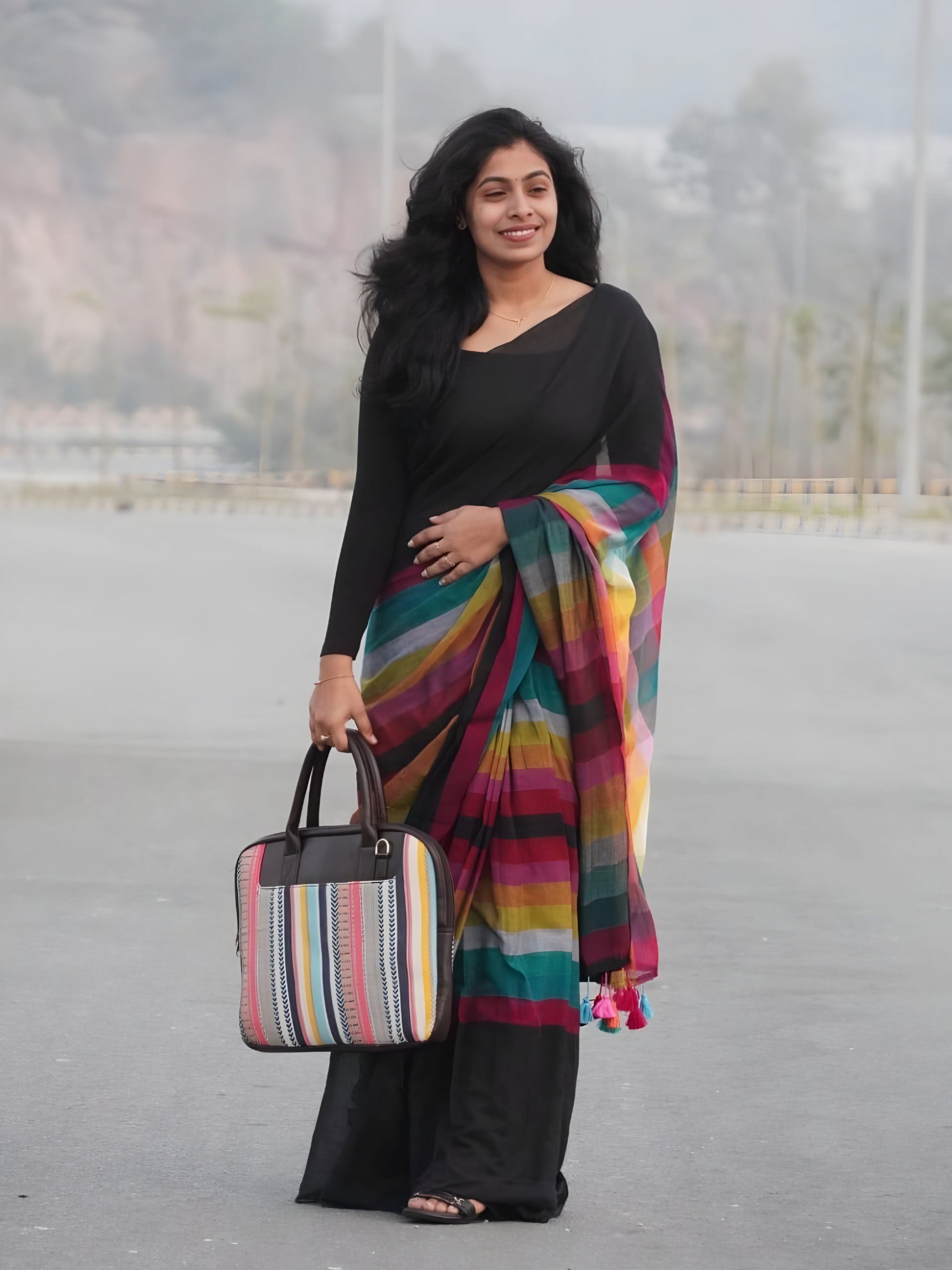 Mul mul rainbow check saree _high quality with tussles