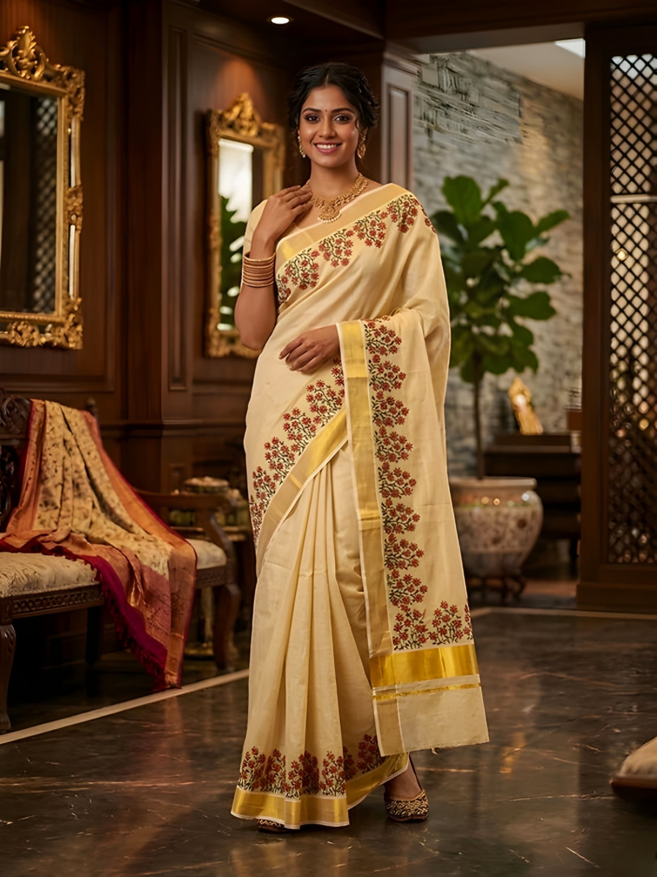 Kerala Tissue Mural Painting Saree with blouse _ Onam Collection