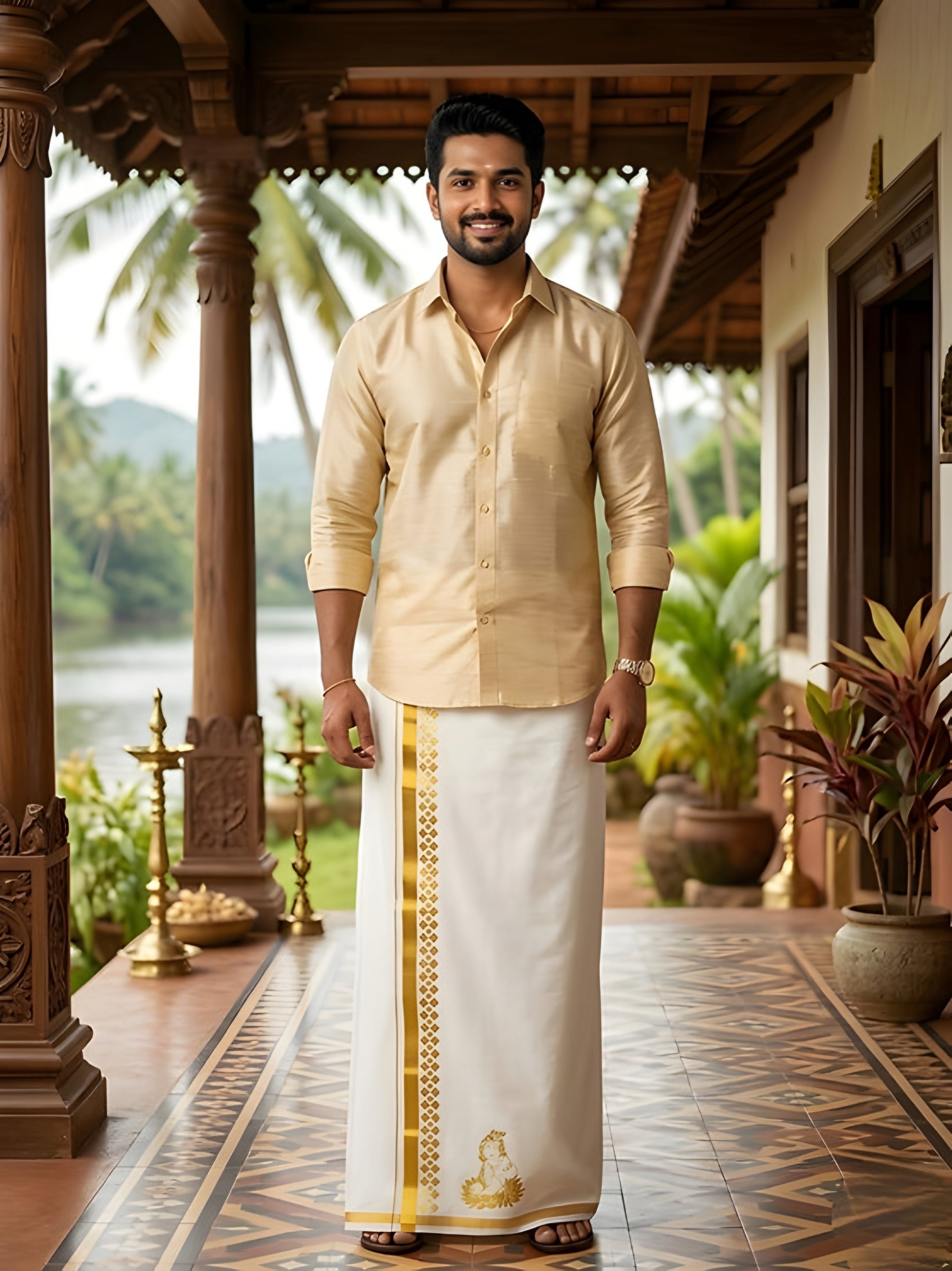 Mens Golden special dhoti for special occasions 4 meter