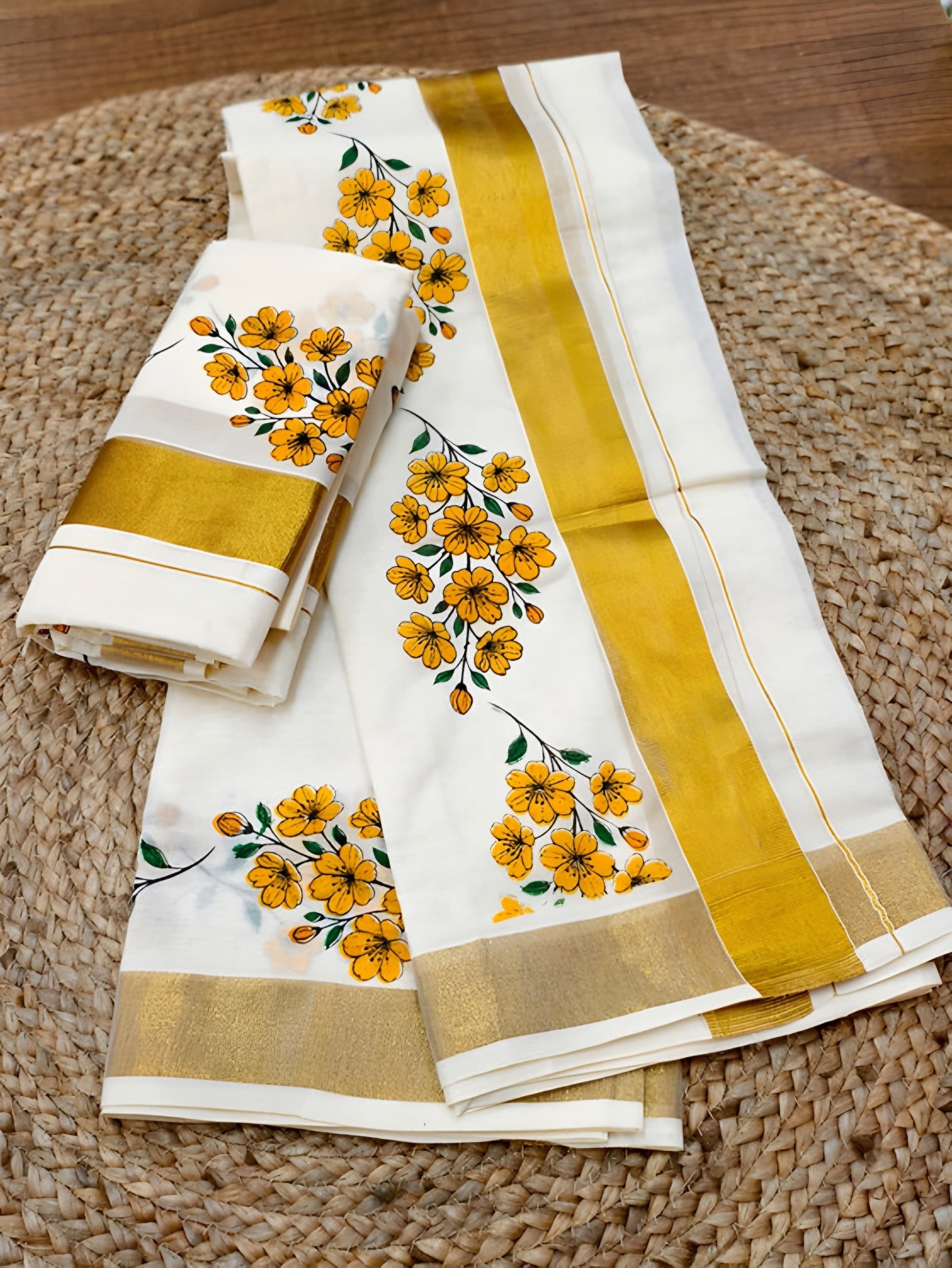 Vishu Kanikonna Set mundu Kuthampully pure cotton extra length