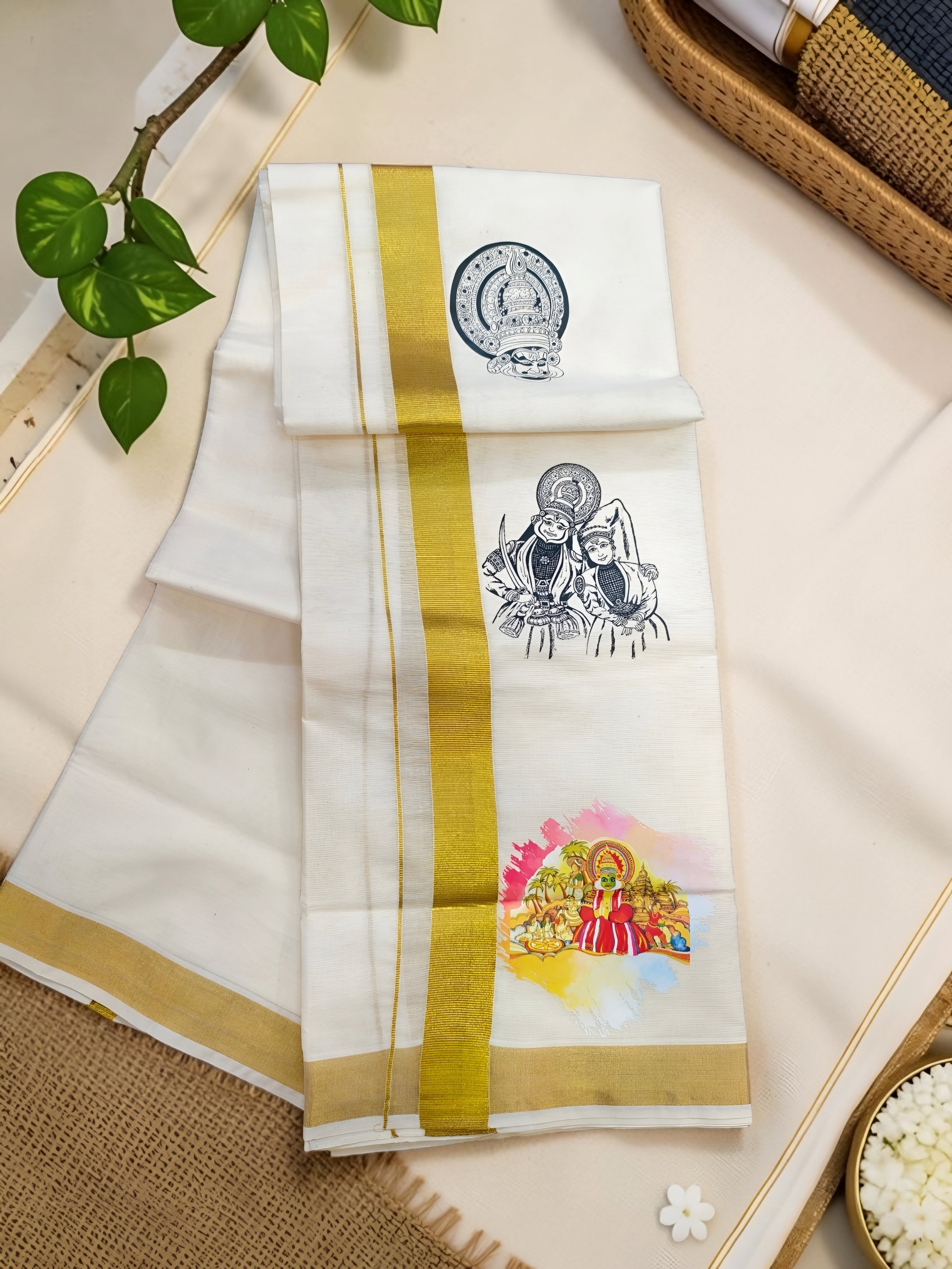Onam Kathakali print kasavu dhoti 4 meter