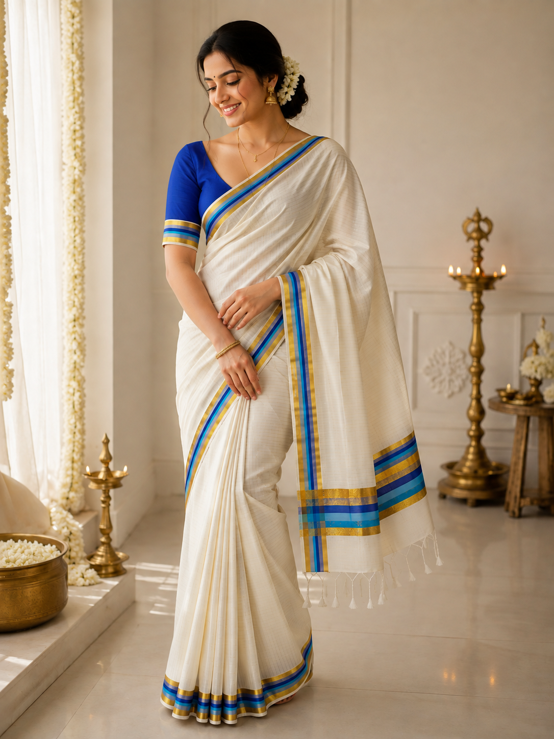 Premium Onam Saree will Full stripes with blouse