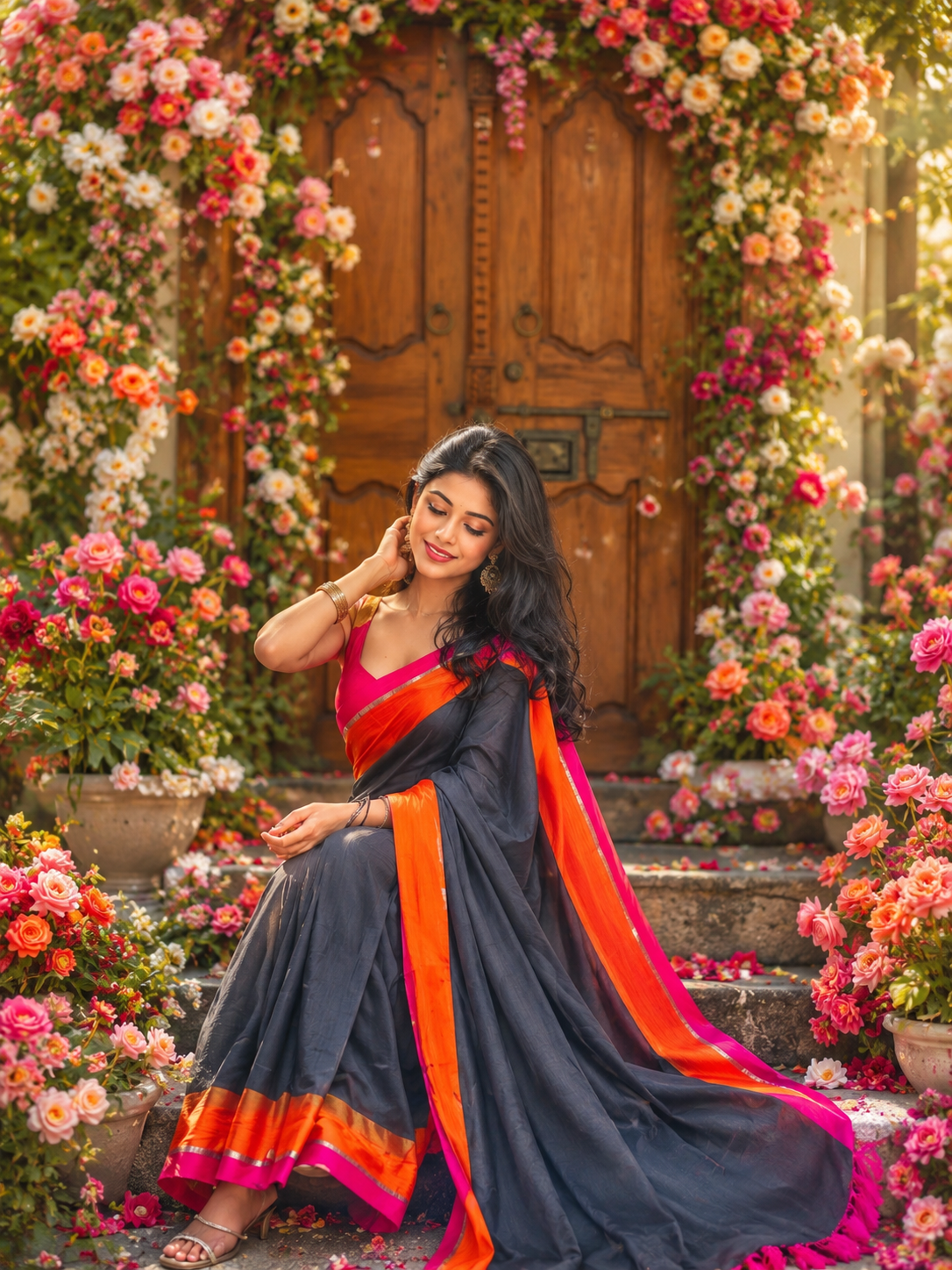 Mul Mul Saree Black contrast border 120 count