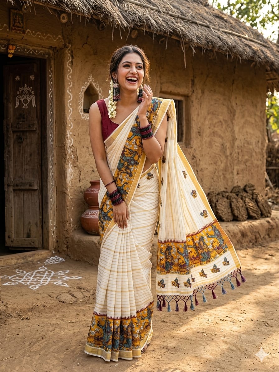 Kuthampully trending design full body print saree with blouse  / onam saree