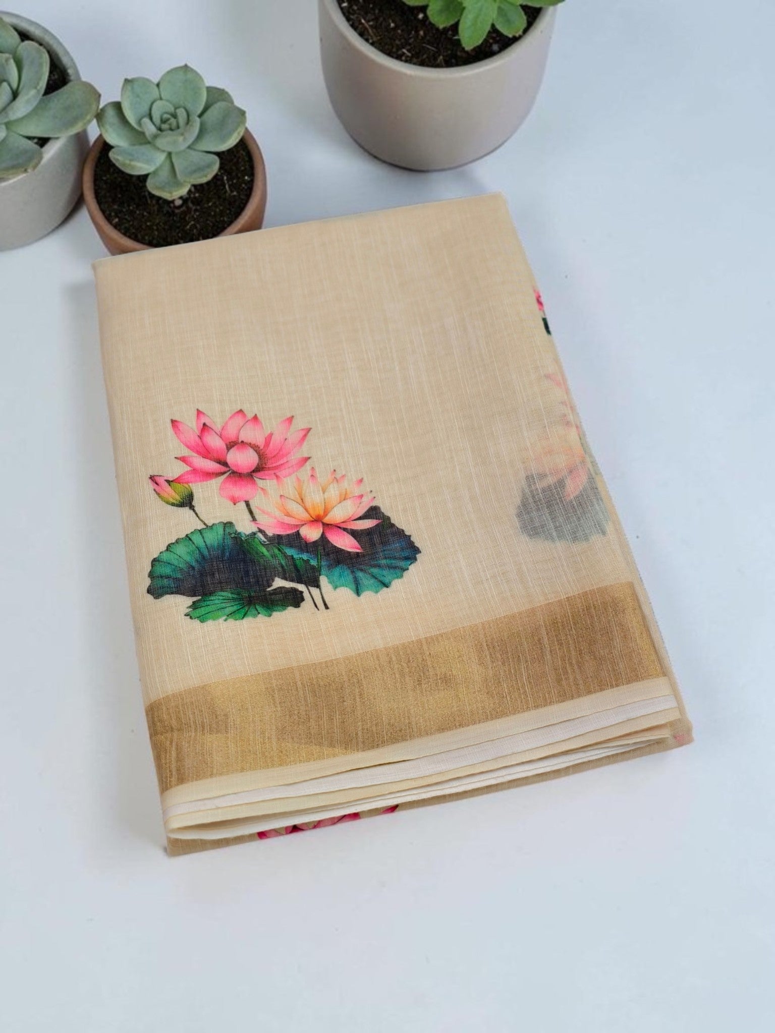 Linen Tissue Lotus Print Full body with blouse work
