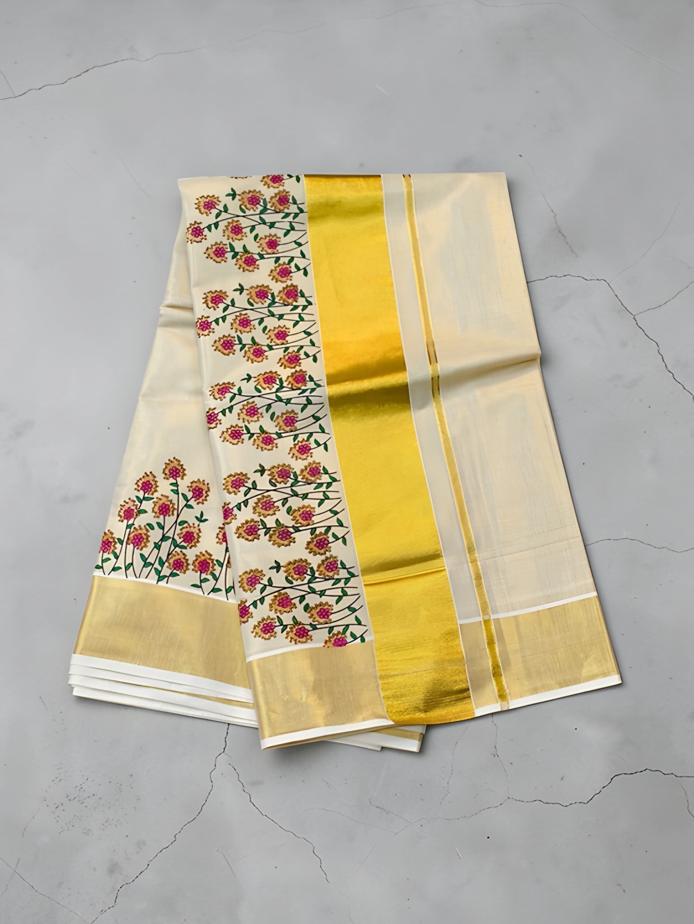 Kerala Tissue Mural Painting Saree with blouse _ Onam Collection