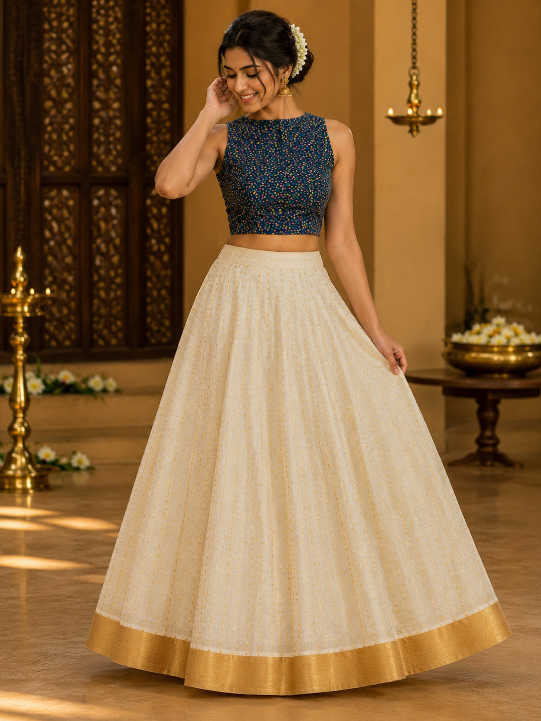 Kerala traditional Design Stripe Skirt and Blouse - Ready to wear