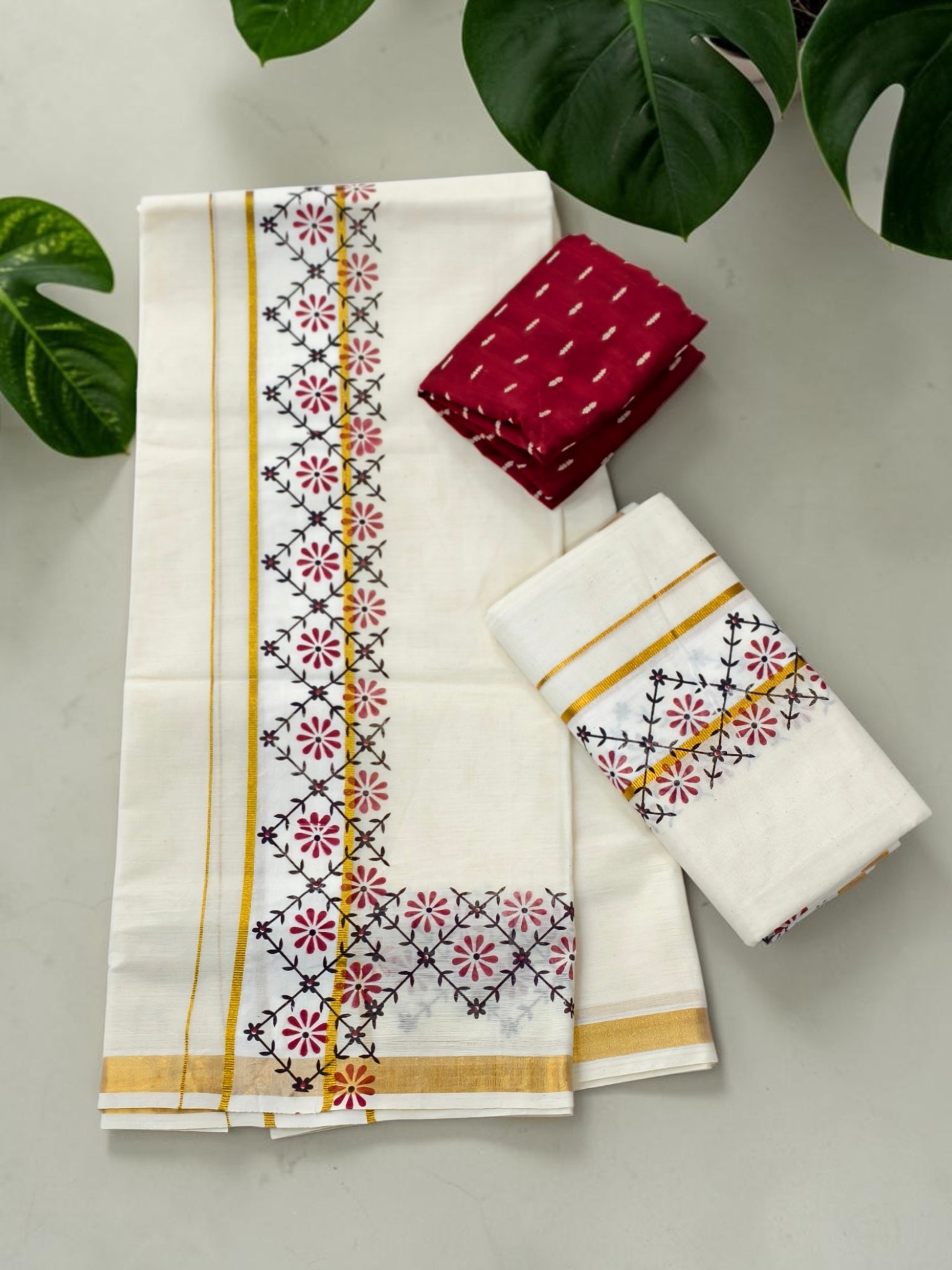 Vasantham Print set mundu with Matching Blouse