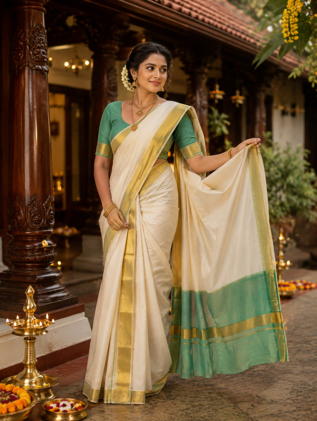 Kerala traditional contrast pall Set mundu with Blouse _ extra length