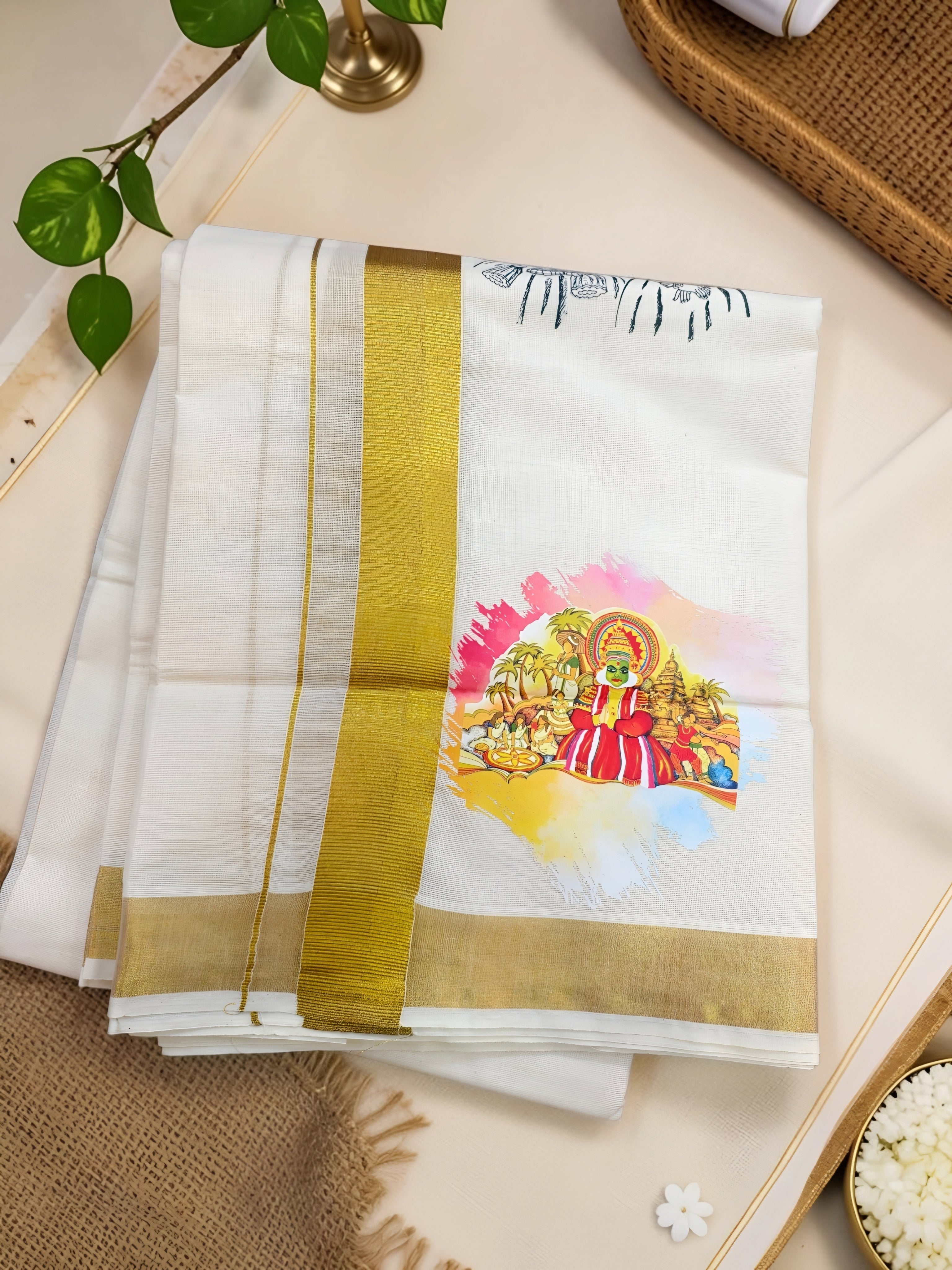 Onam Kathakali print kasavu dhoti 4 meter