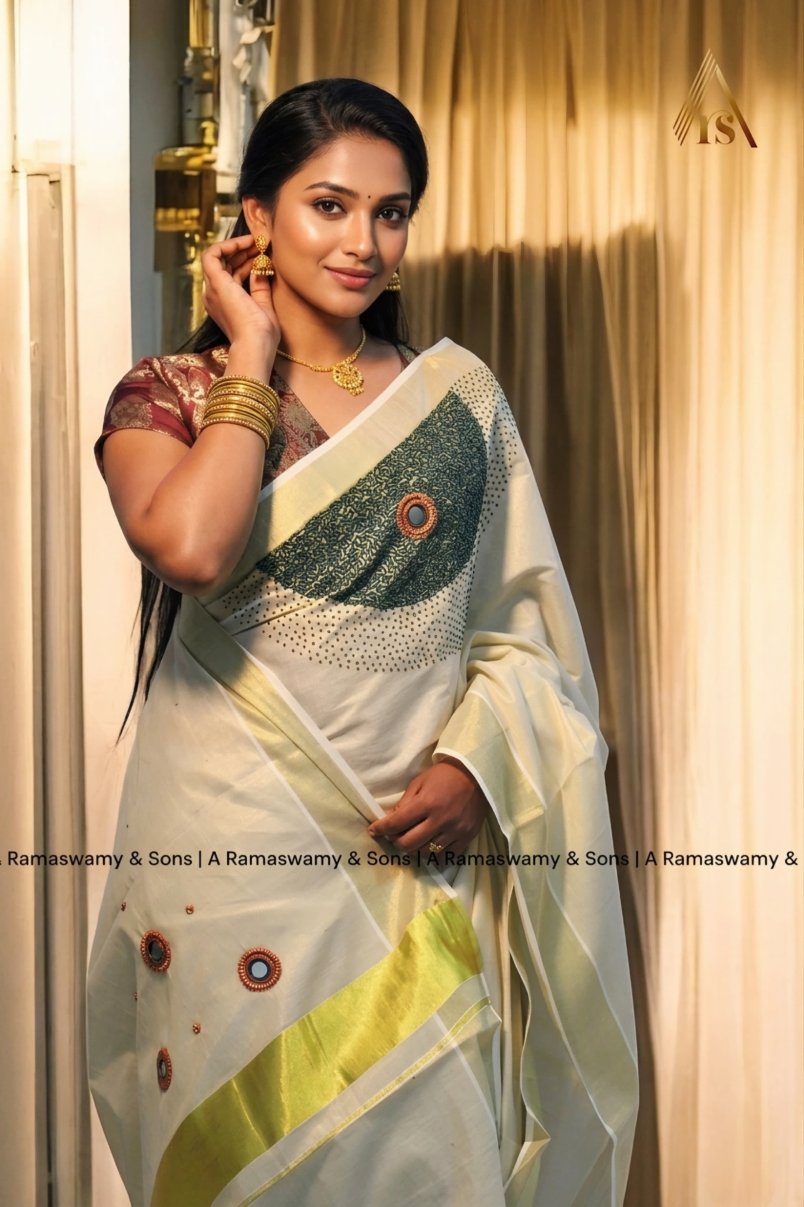 Tissue Saree Premium Hand Work Green _ Kerala saree 6.25mtr