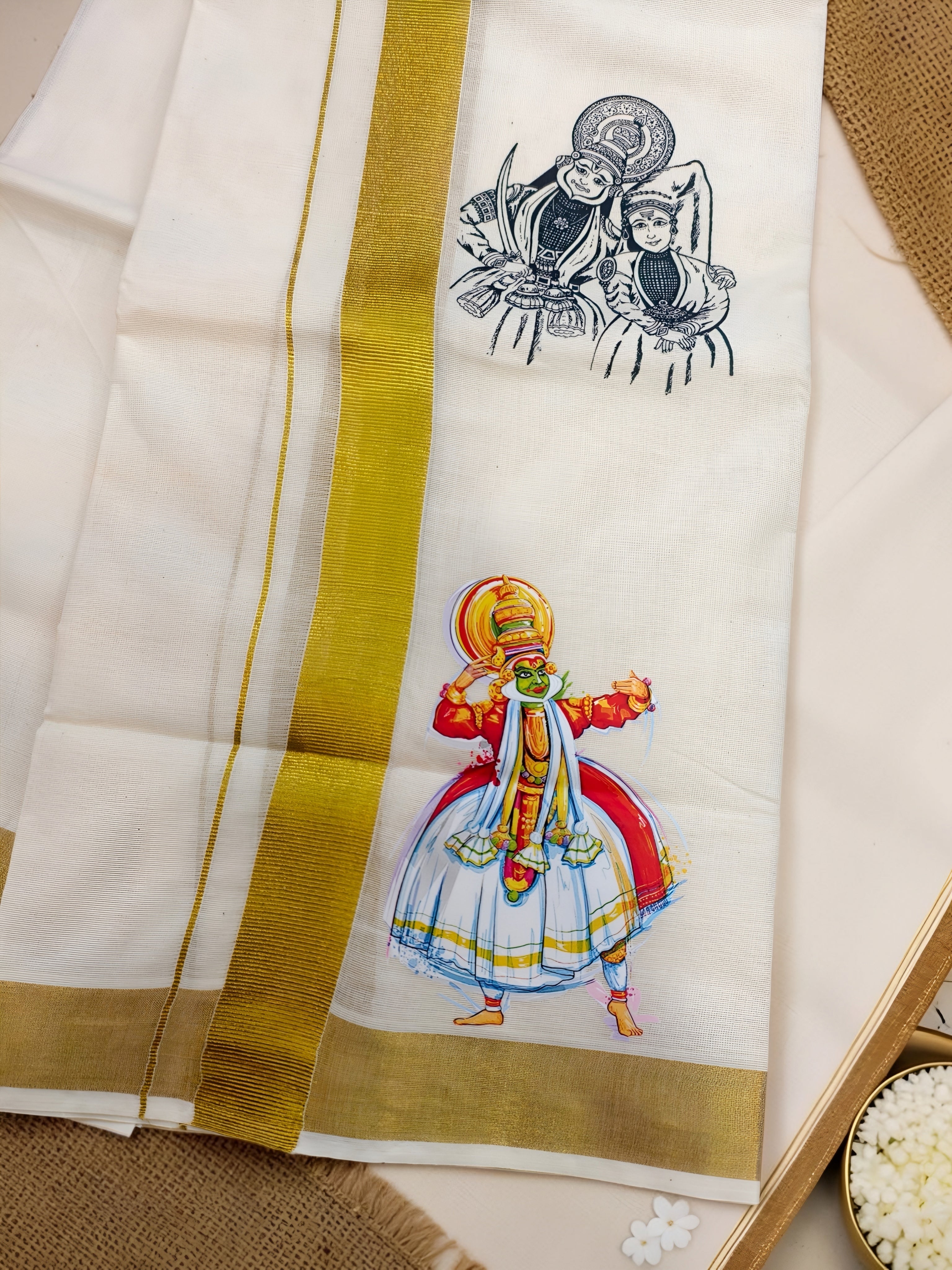 Onam Kathakali print kasavu dhoti 4 meter