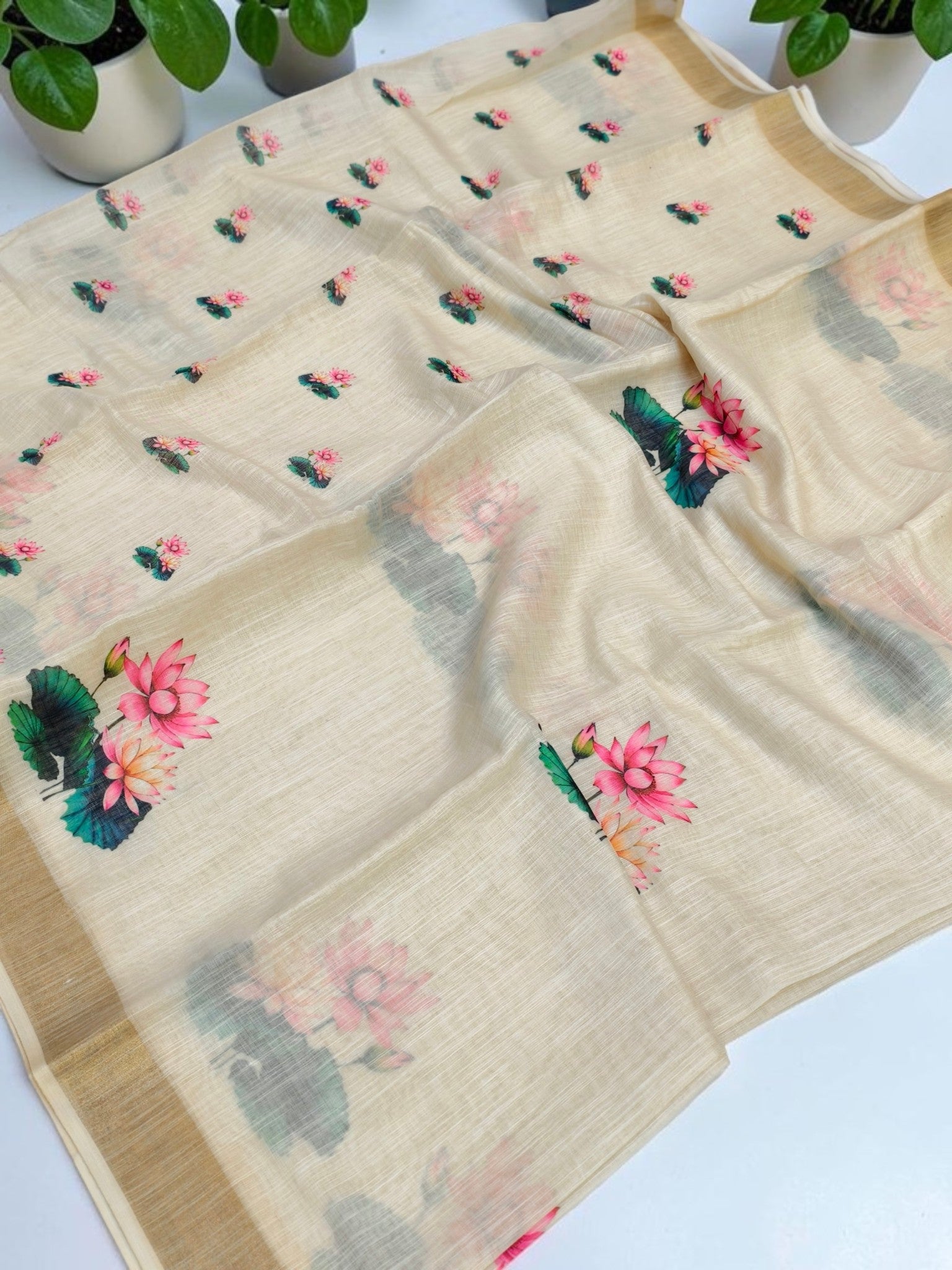 Linen Tissue Lotus Print Full body with blouse work