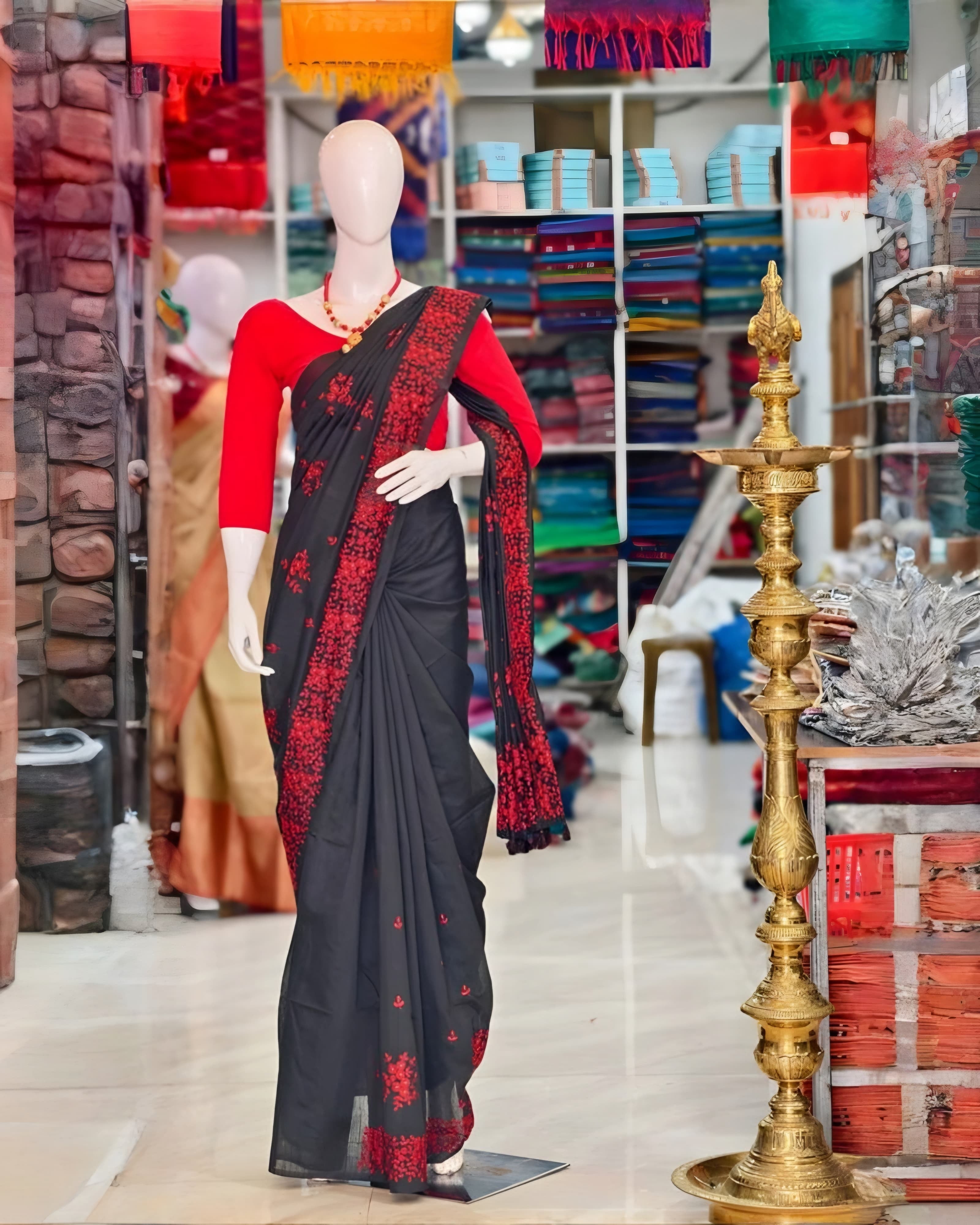 Red and Black trending combo saree Kuthampully _ With blouse