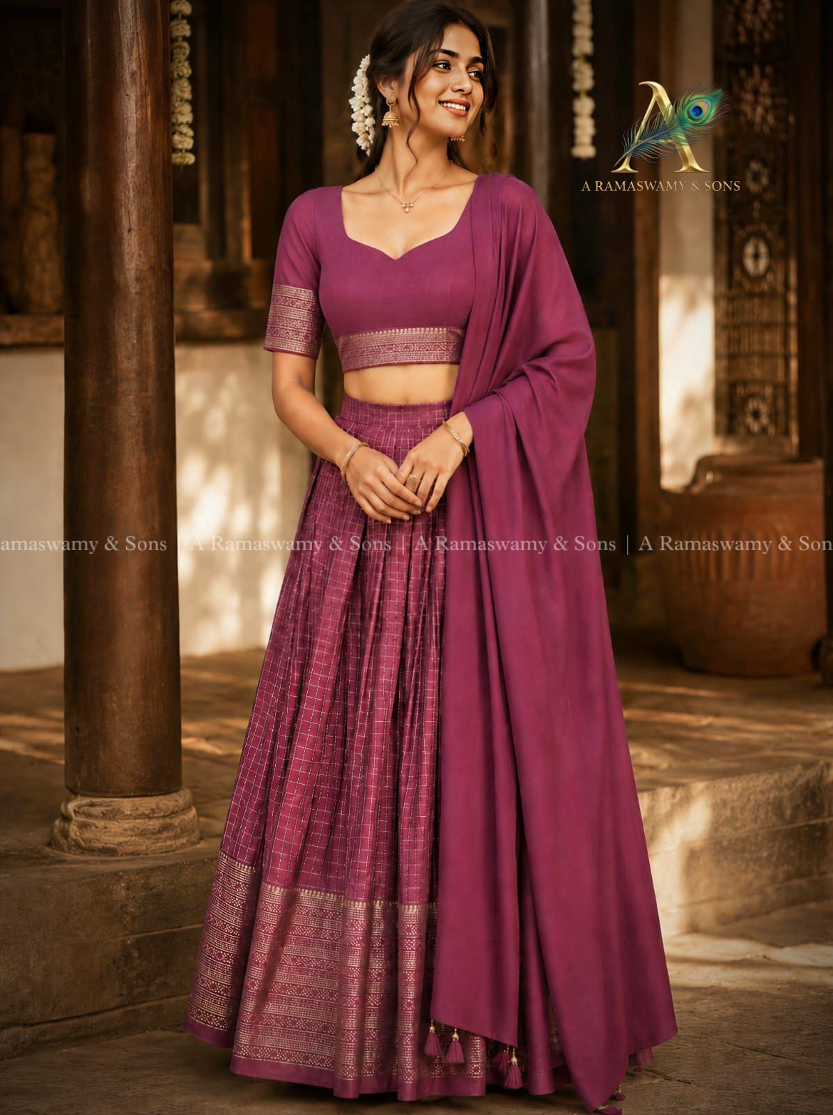 Check davani chettinadu style semi stitched with blouse and dupatta 3 psc