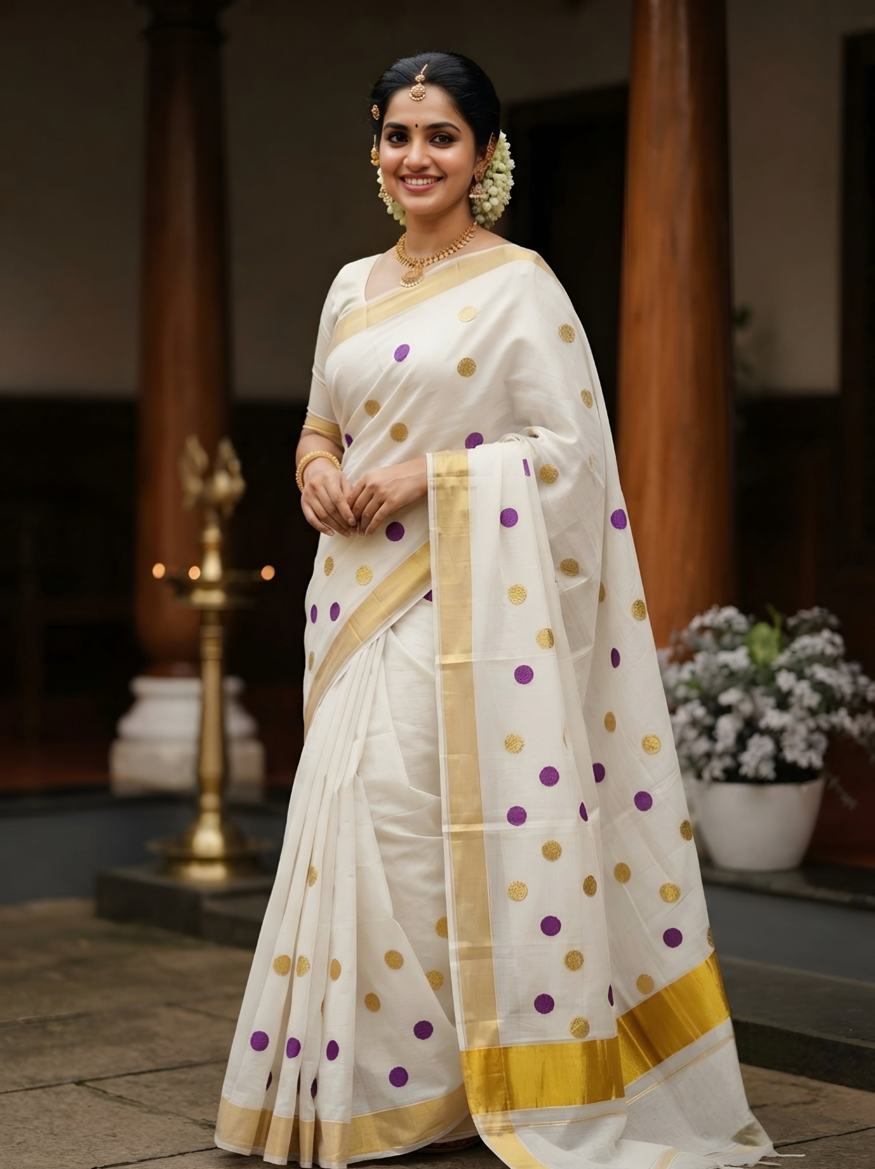 Polka dot Cotton Saree embroidery with blouse
