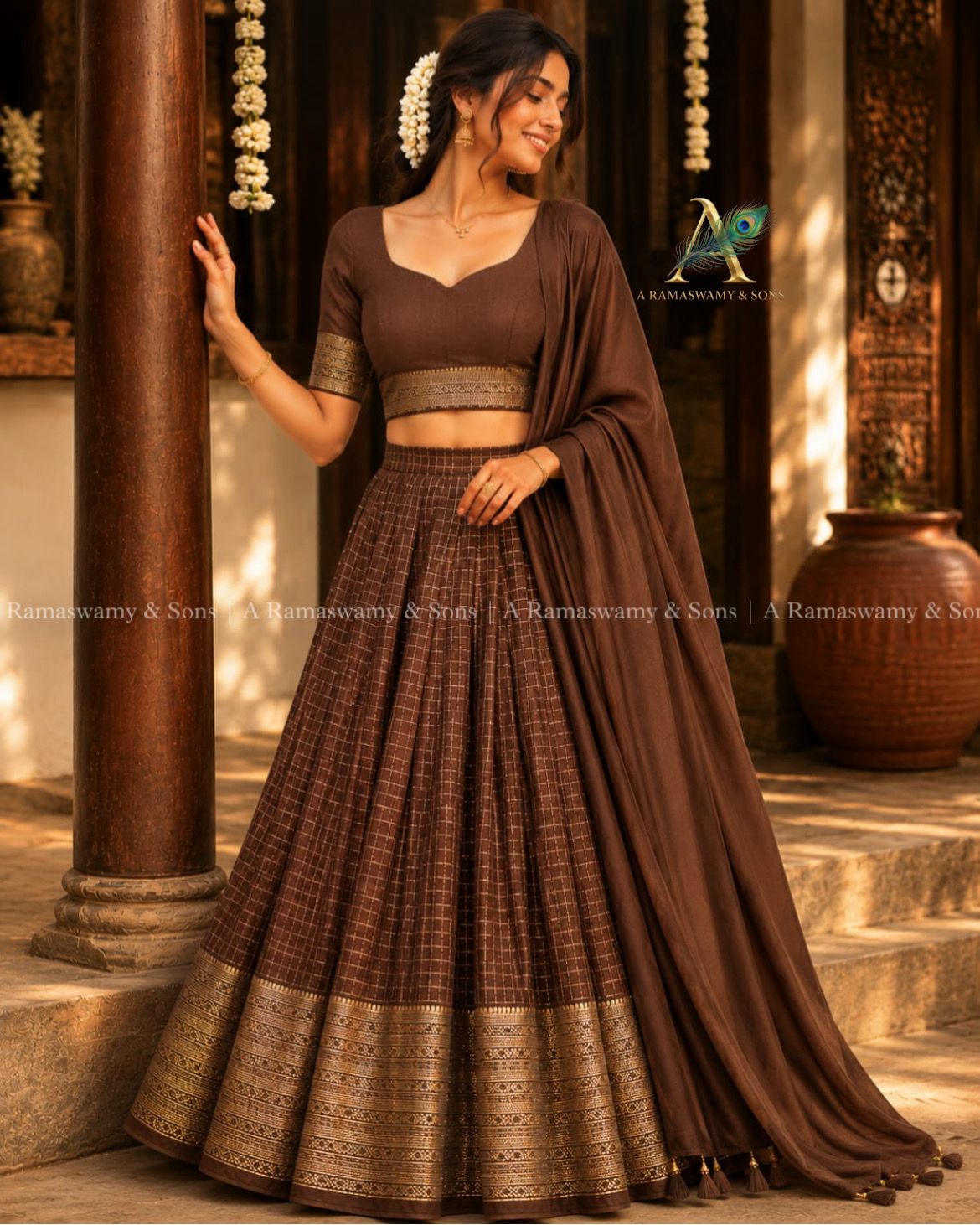 Check davani chettinadu style semi stitched with blouse and dupatta 3 psc