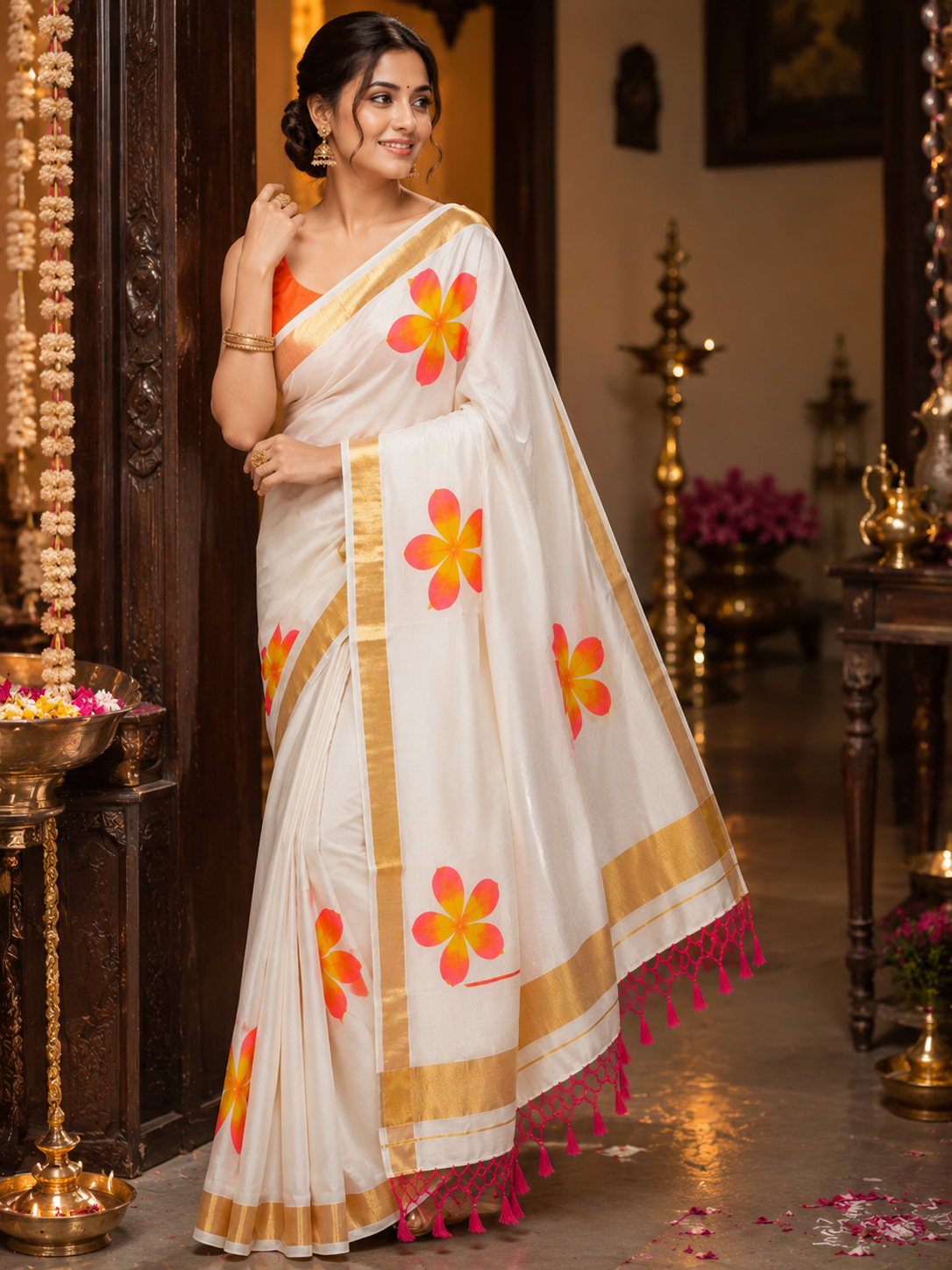 Hand-painted flower on Mul Cotton kasavu saree with blouse