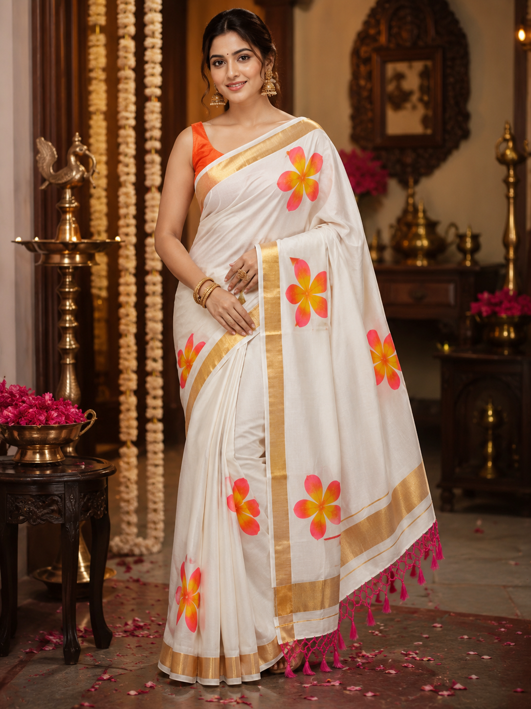 Hand-painted flower on Mul Cotton kasavu saree with blouse