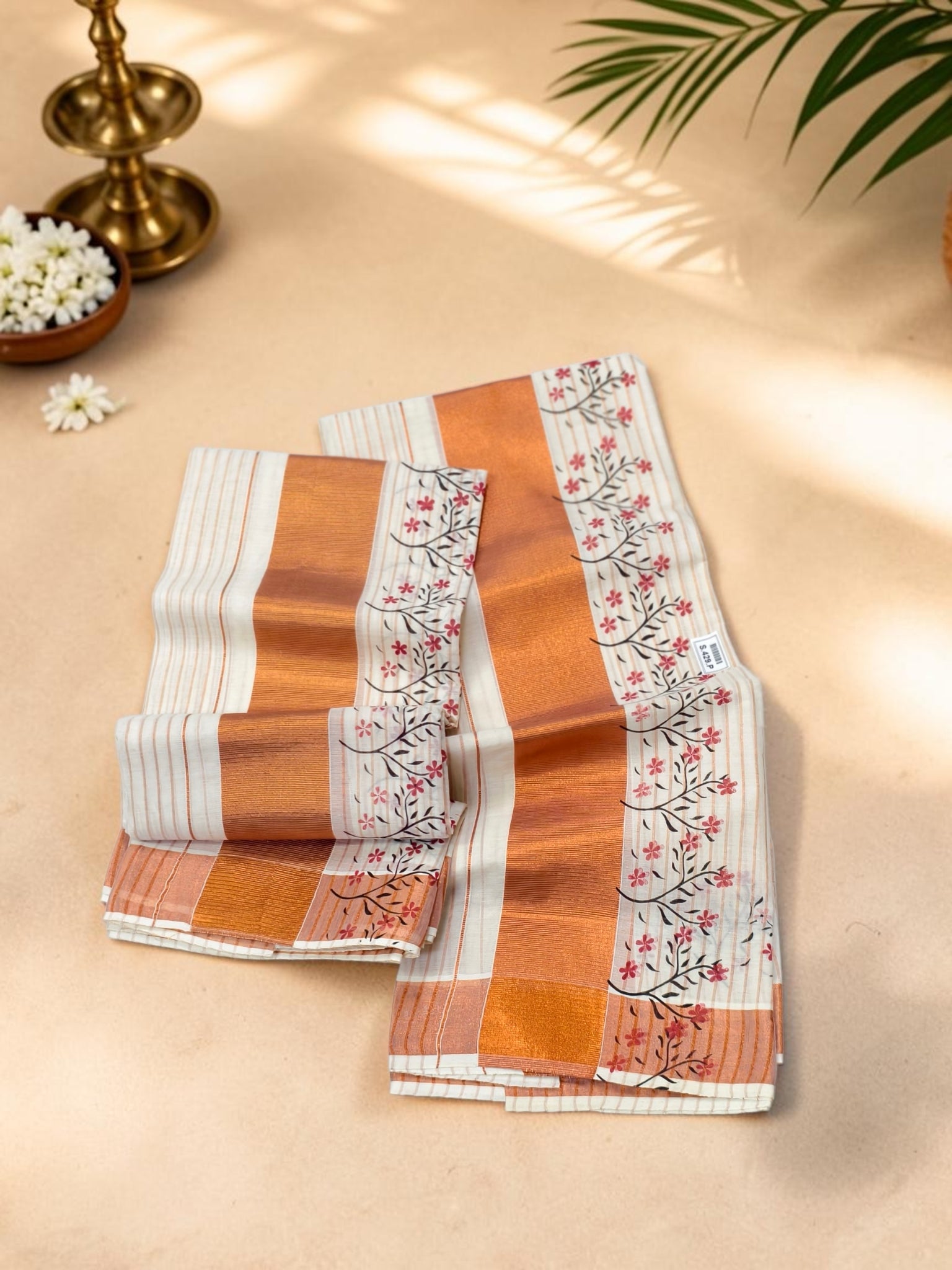 Flower Print Copper Stripe Set Mundu Extra Length