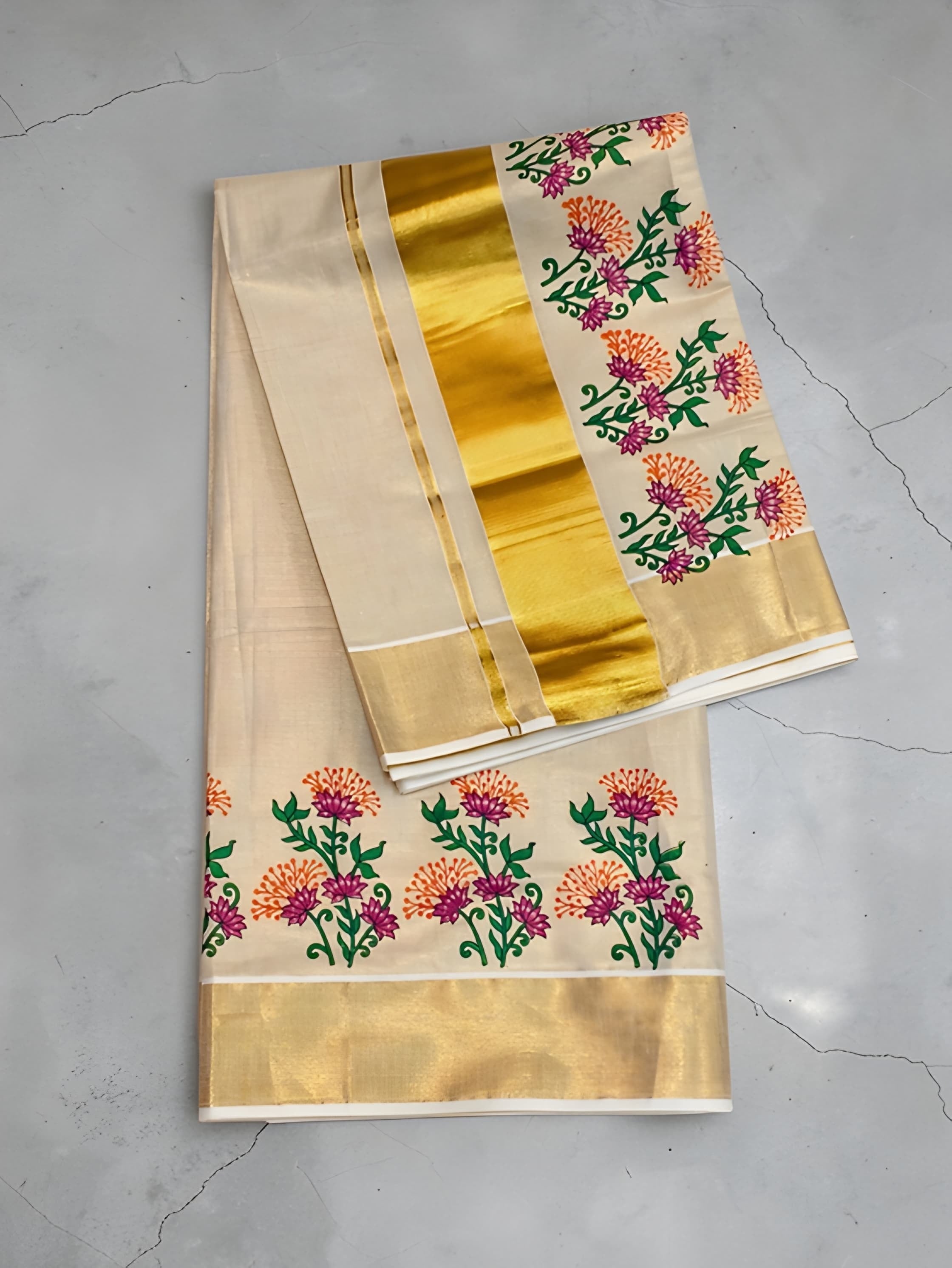 Kerala Tissue Mural Painting Saree with blouse _ Onam Collection