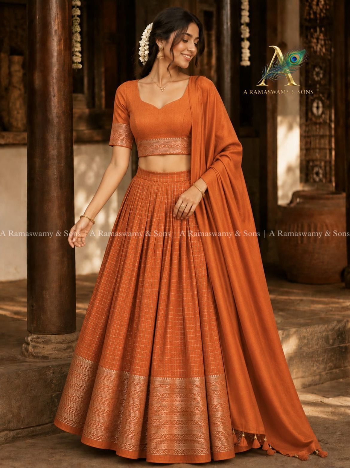 Check davani chettinadu style semi stitched with blouse and dupatta 3 psc