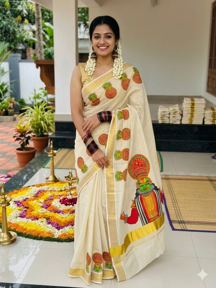 Kerala Tissue Saree with Big Print Onam exclusive with blouse