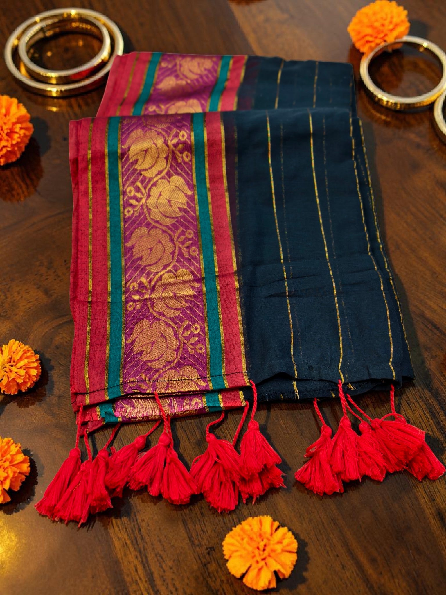 Mul Mul saree black floral print lotus soft quality