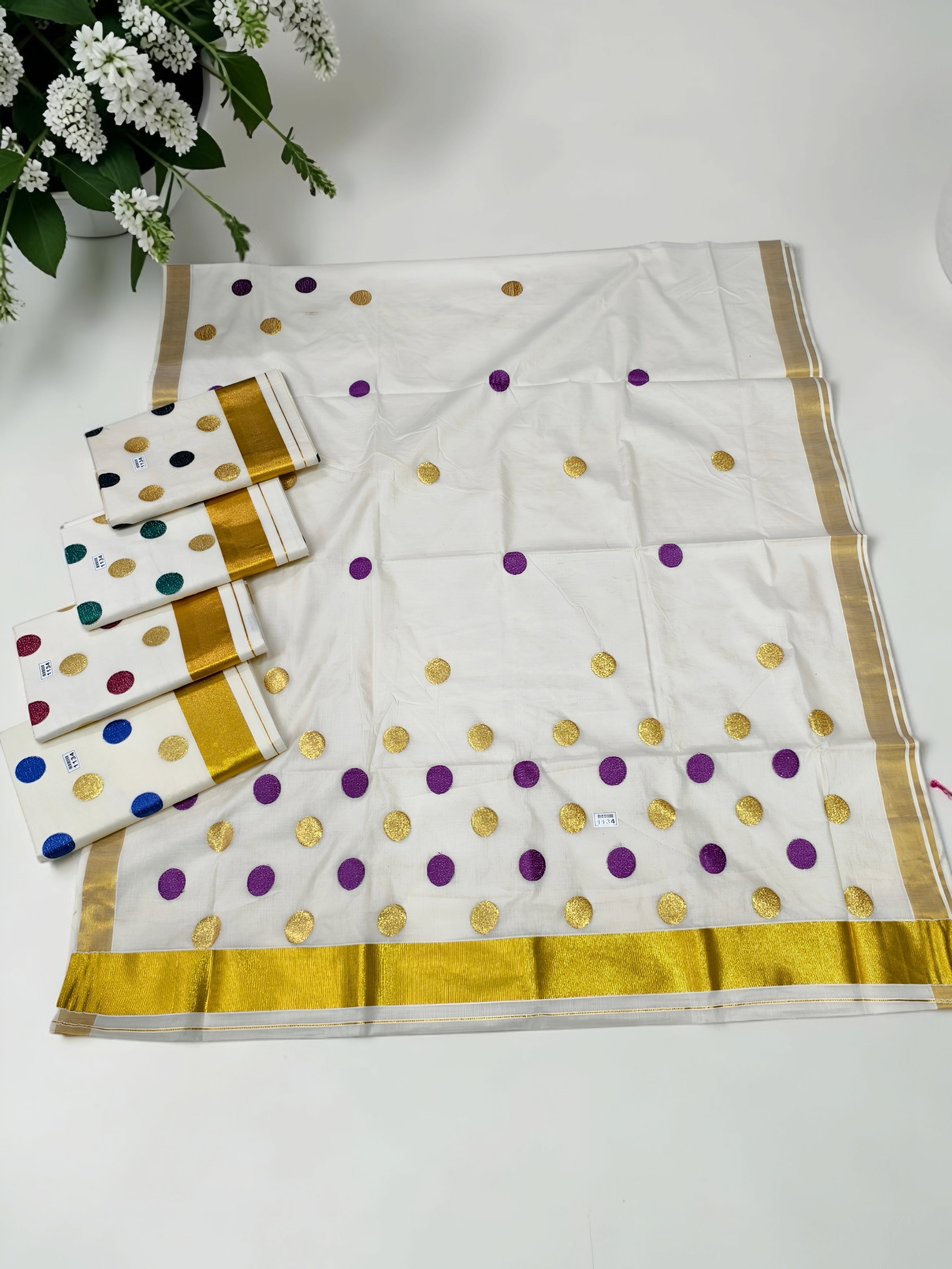 Polka dot Cotton Saree embroidery with blouse