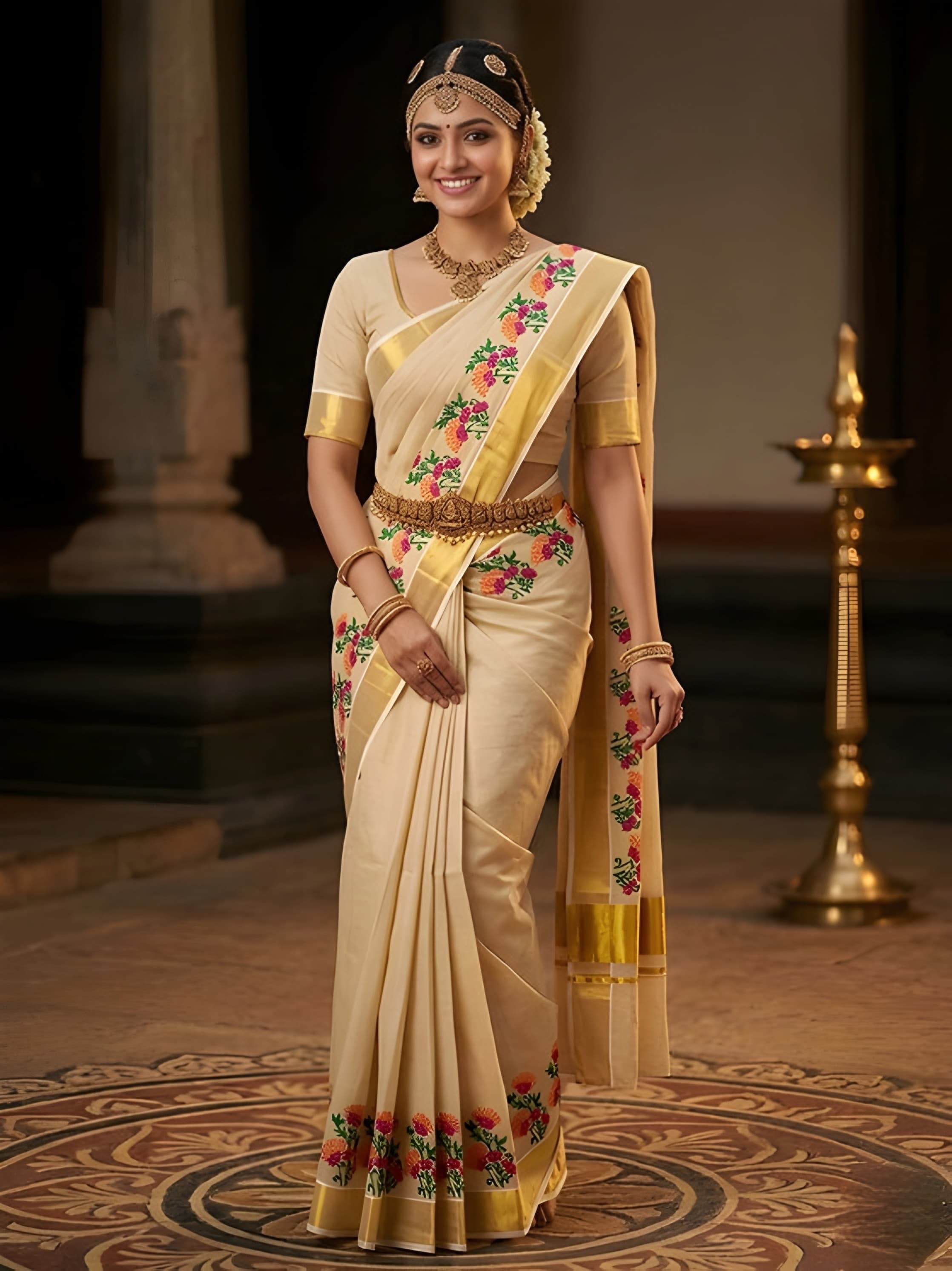 Kerala Tissue Mural Painting Saree with blouse _ Onam Collection