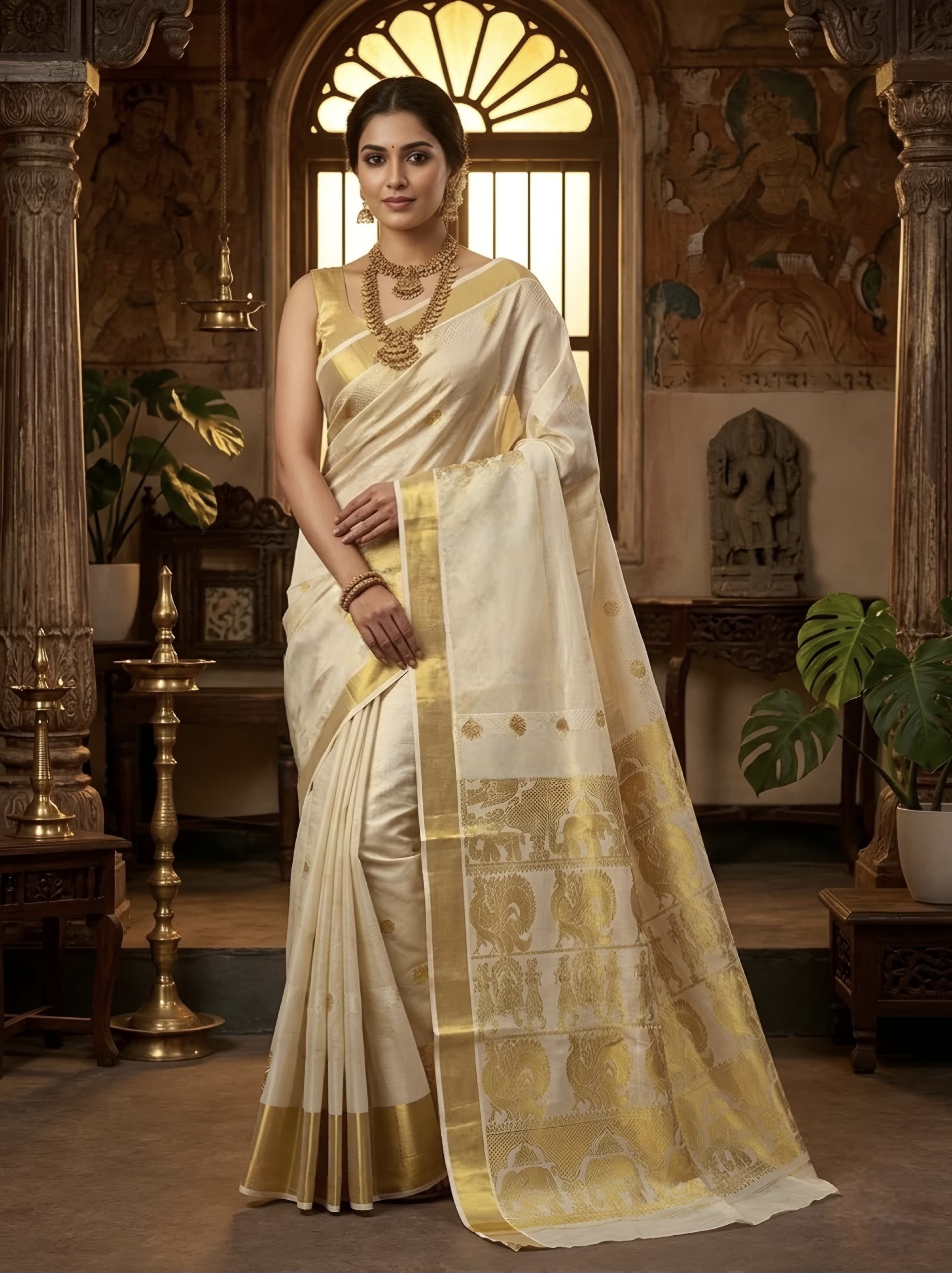 Elephant Rich Pallu Tissue stripe saree with blouse / Onam saree