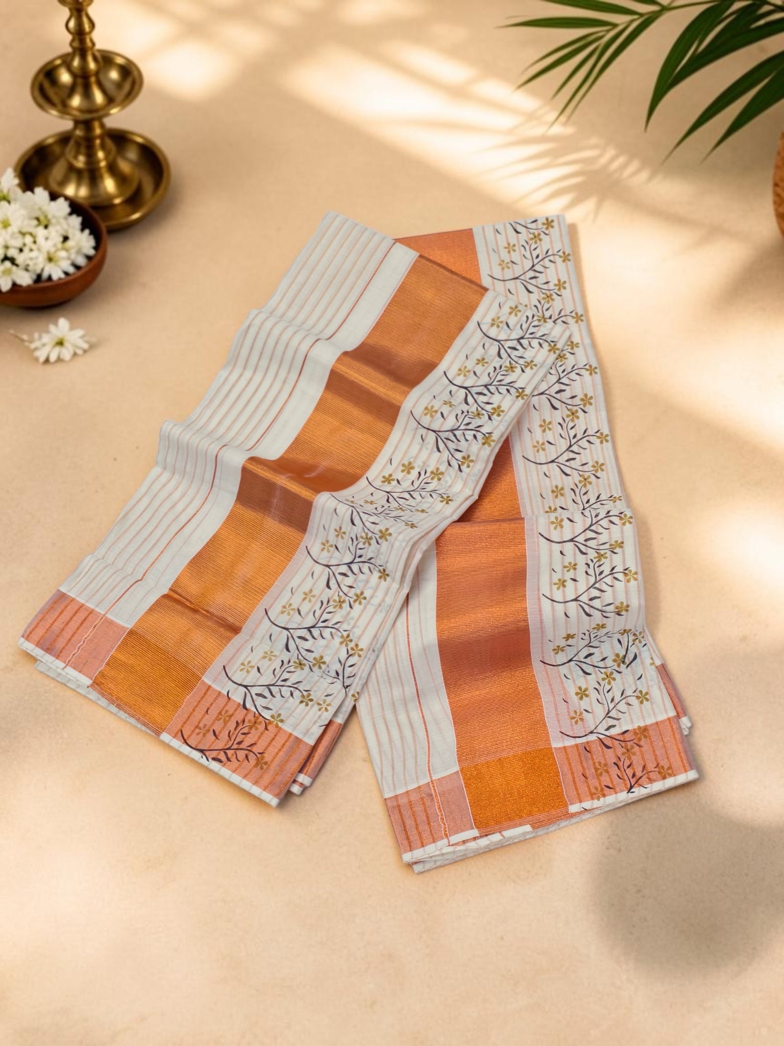 Flower Print Copper Stripe Set Mundu Extra Length