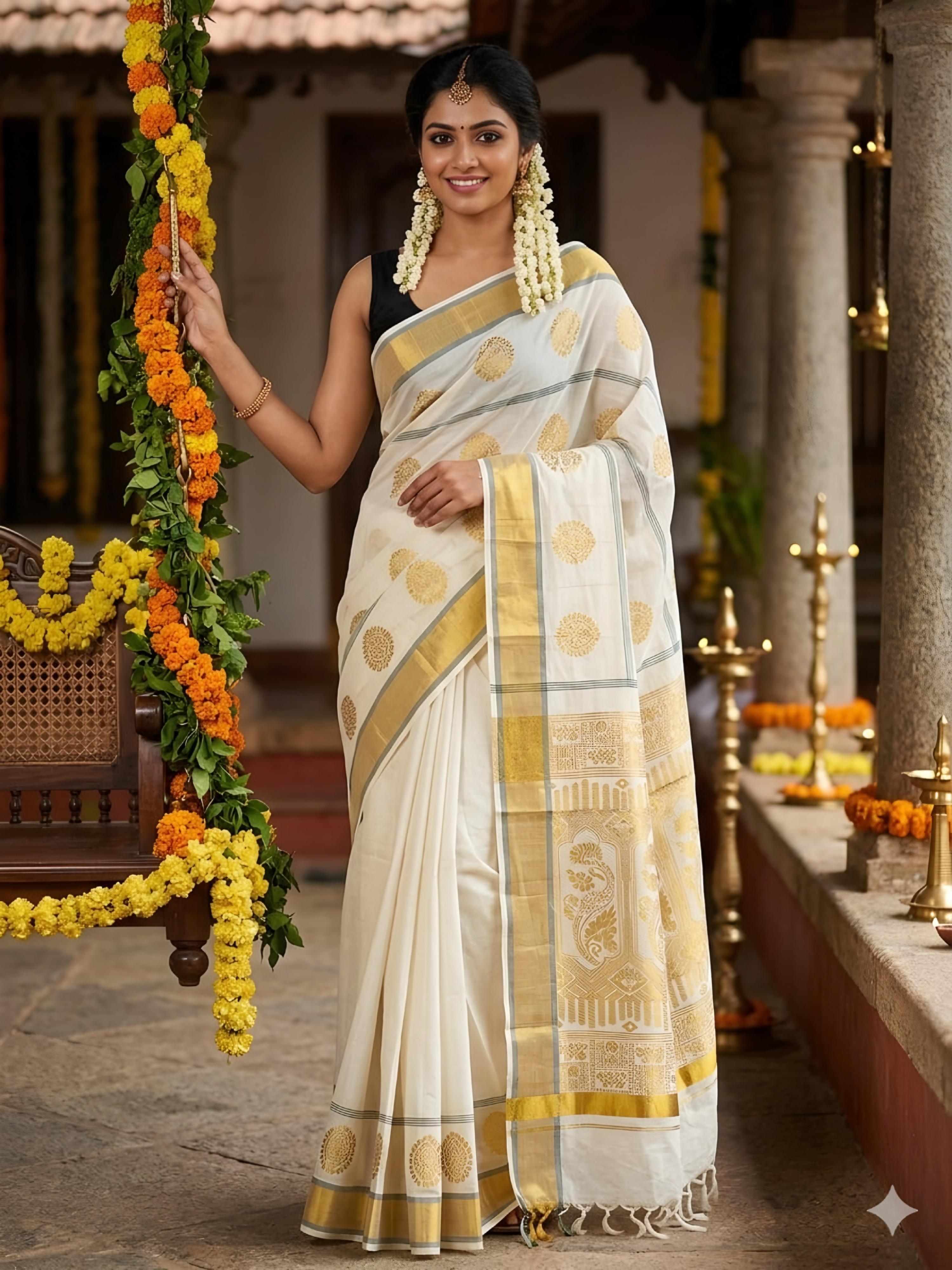 Onam Rich Pallu Saree with full body Jacquard work with blouse / kerala saree
