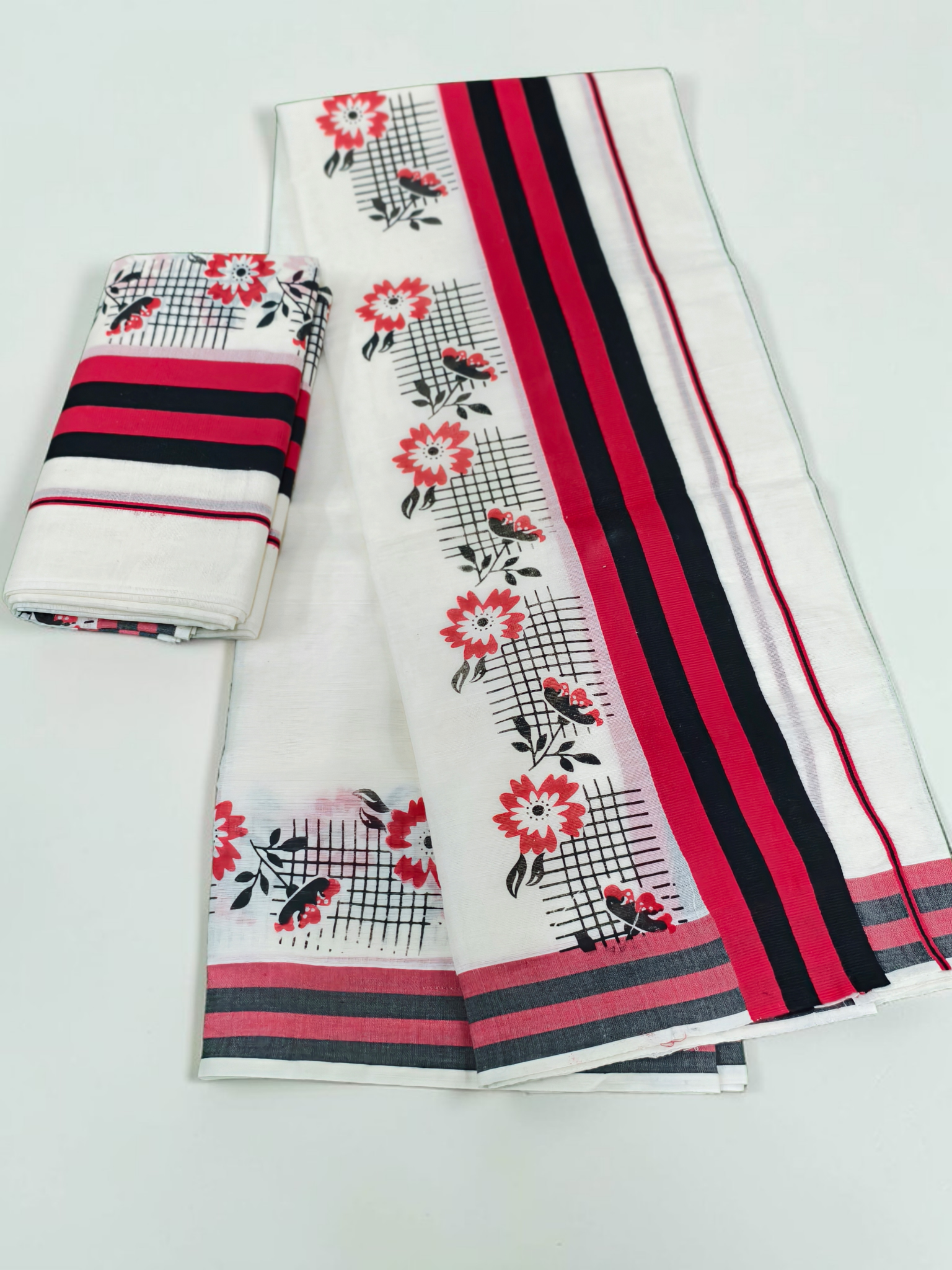 Red and Black Set mundu with Elegant print _ extra length