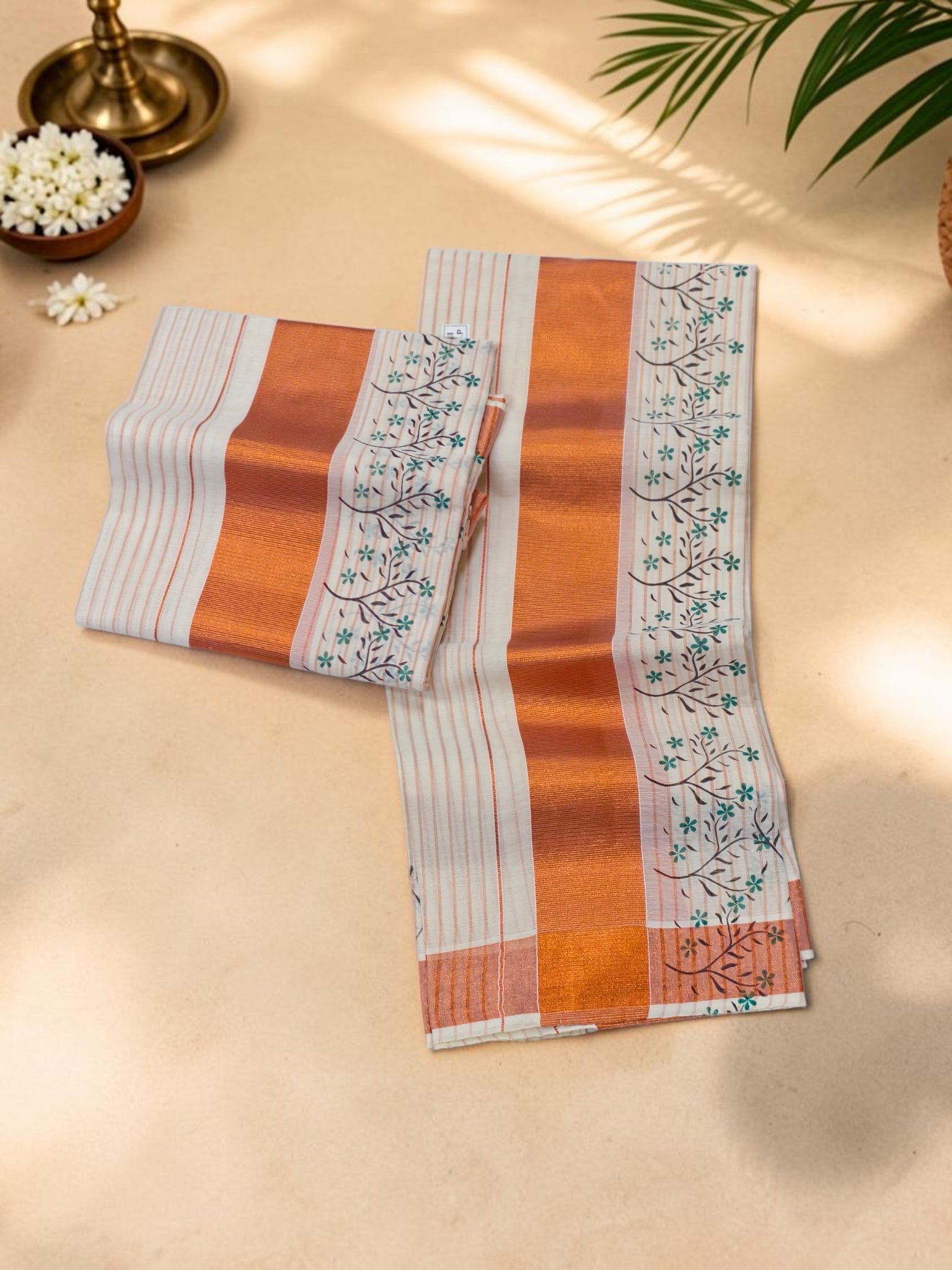 Flower Print Copper Stripe Set Mundu Extra Length