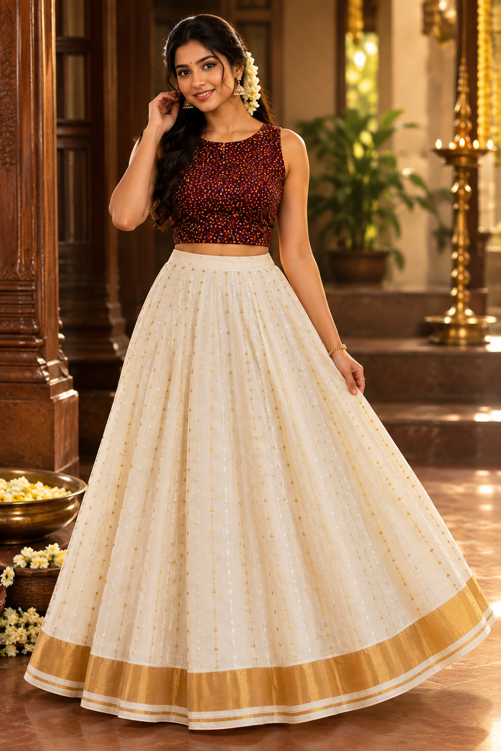 Kerala traditional Design Stripe Skirt and Blouse - Ready to wear