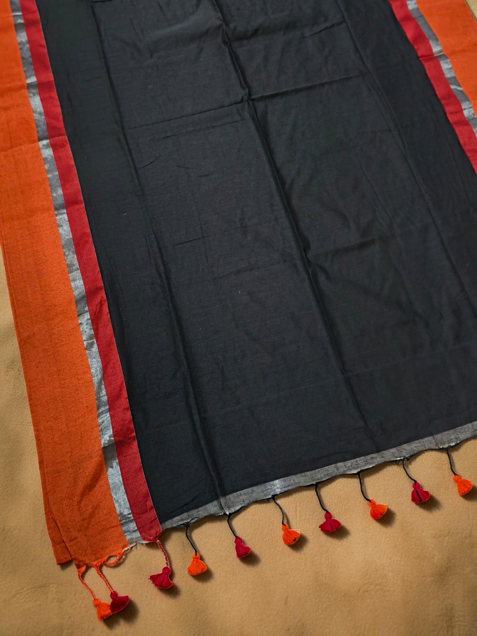 Mul Mul Saree Black contrast border 120 count