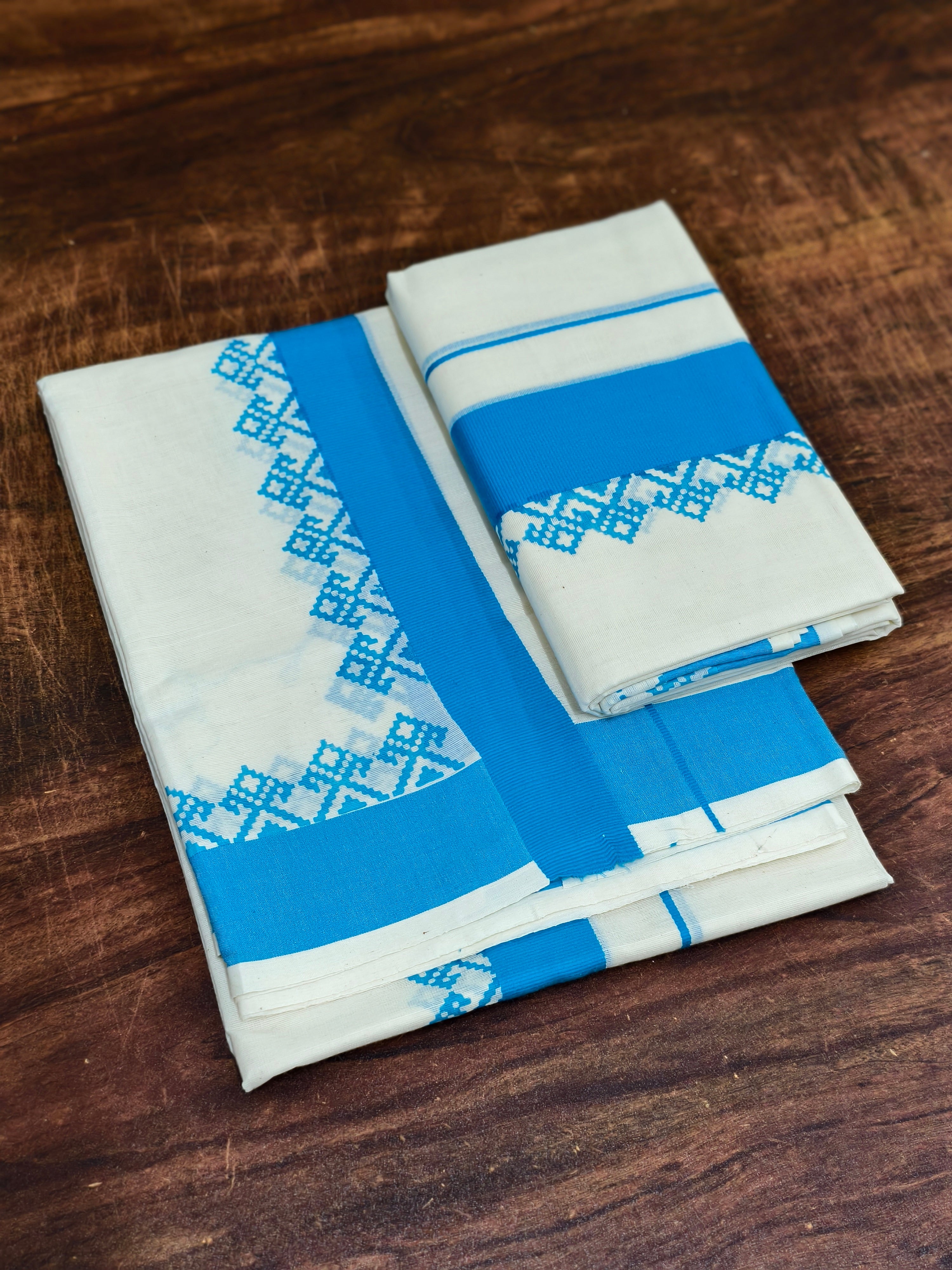 Kerala cotton Set Mundu with blue traditional design border